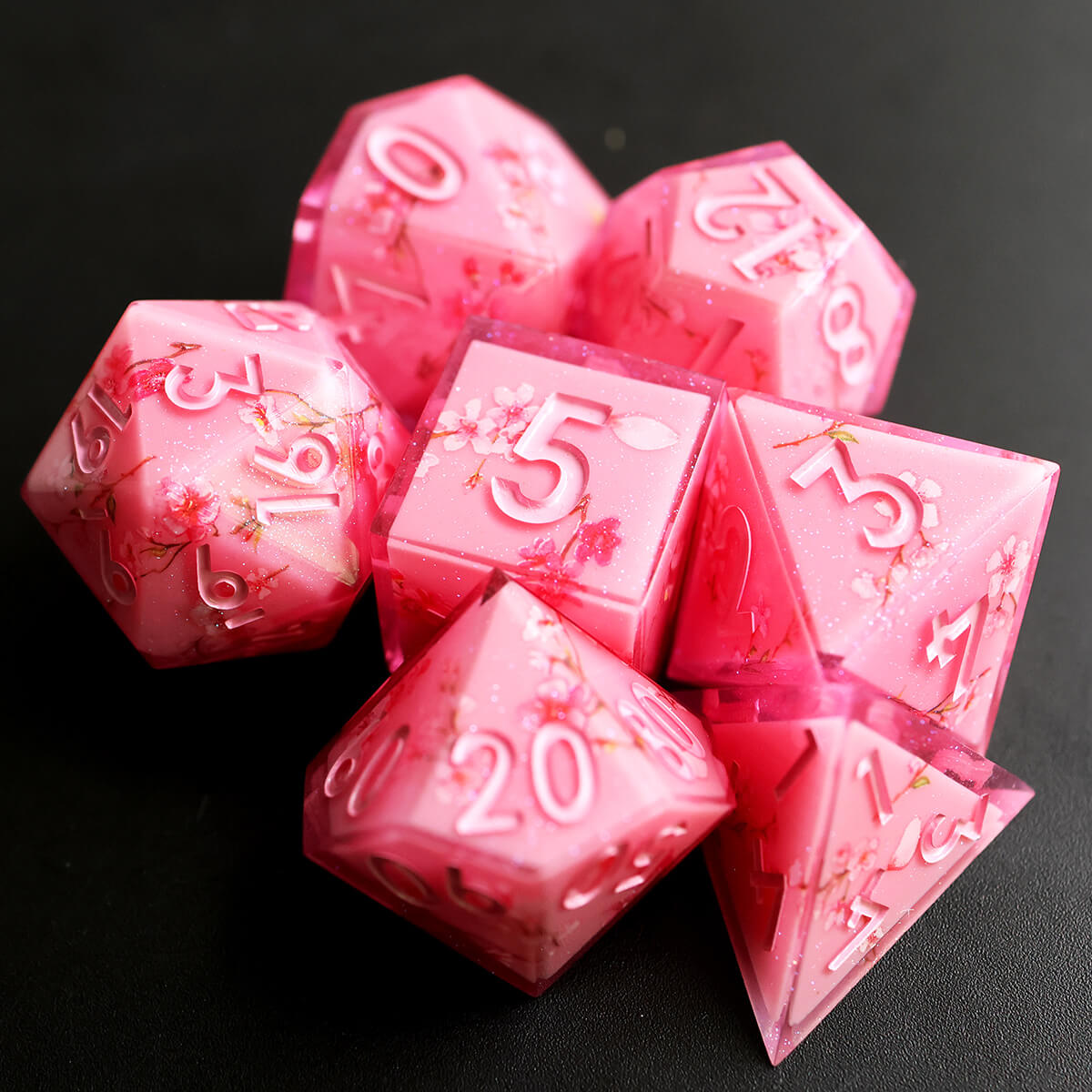 Sharp Edge Layered Pink Flower DND Dice Set 7-Piece - Dice of Dragons