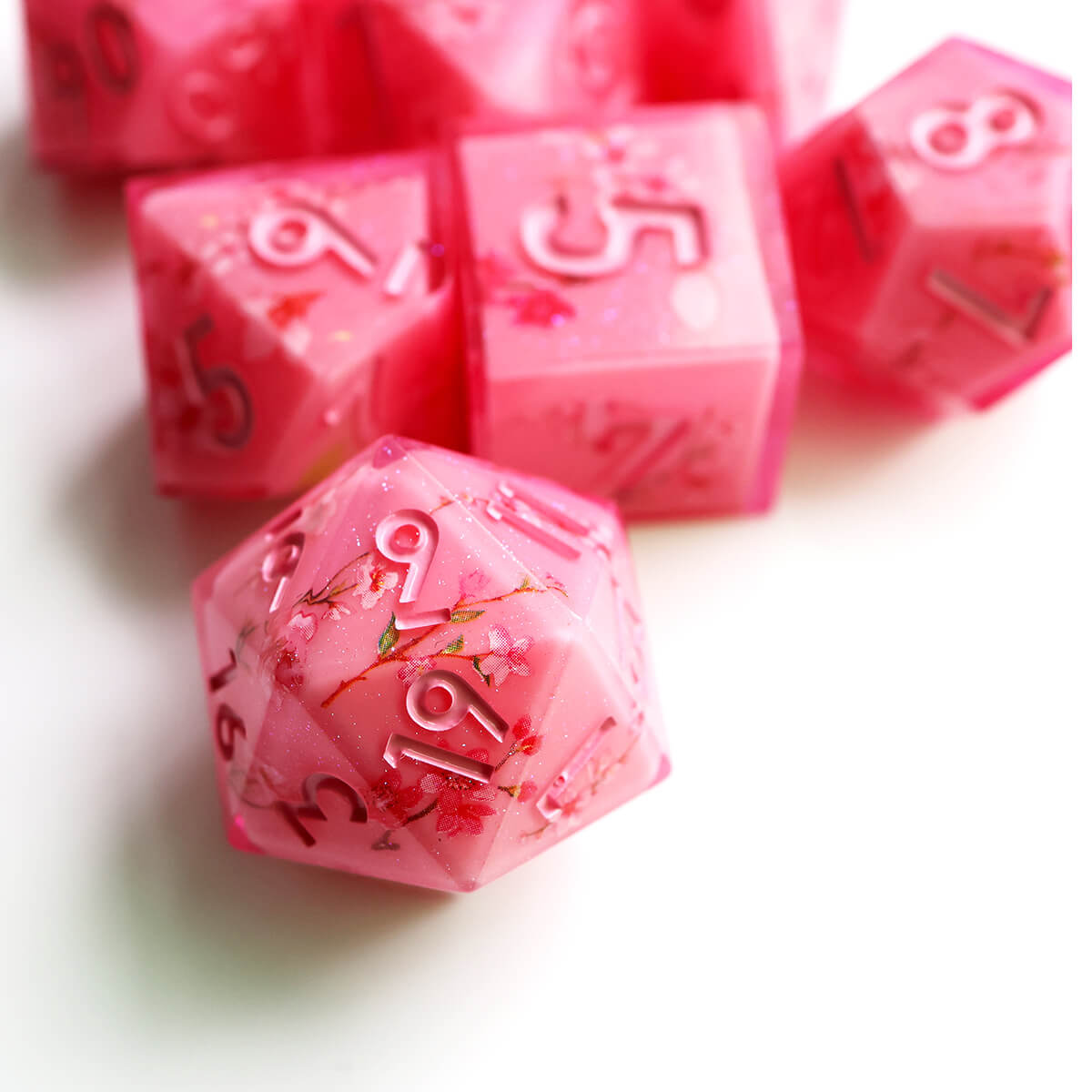 Sharp Edge Layered Pink Flower DND Dice Set 7-Piece - Dice of Dragons