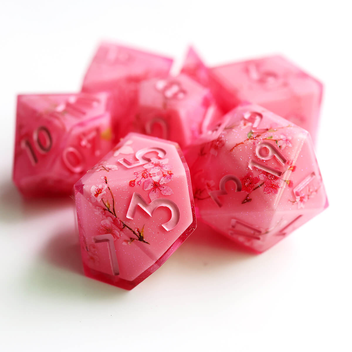 Sharp Edge Layered Pink Flower DND Dice Set 7-Piece - Dice of Dragons