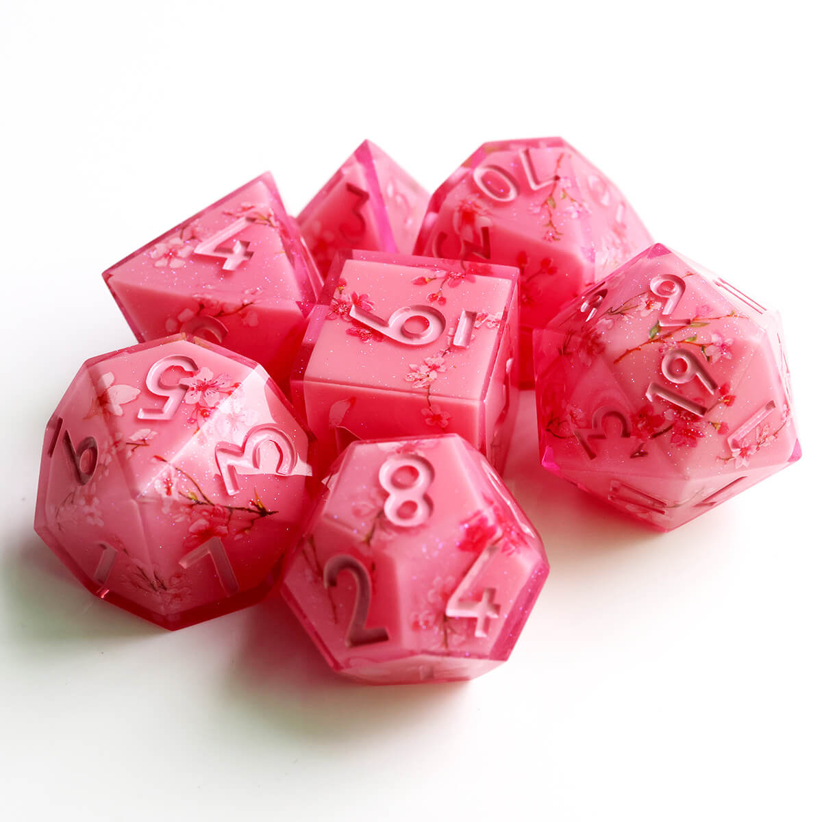 Sharp Edge Layered Pink Flower DND Dice Set 7-Piece - Dice of Dragons