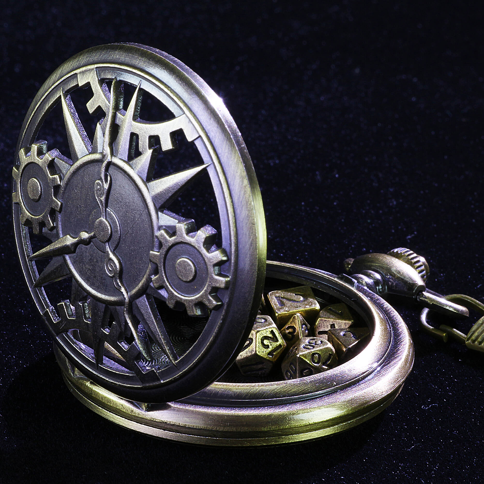 Time Gear Mini Polyhedral Metal DD Dice Set with Pocket Watch Shell Case - Dice of Dragons