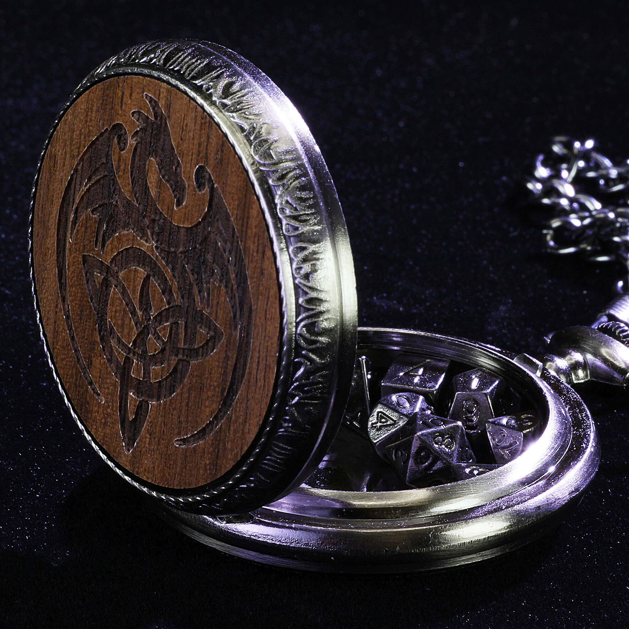 Viking Dragon Mini Polyhedral Metal Dice Set DD with Pocket Watch Shell Case - Dice of Dragons