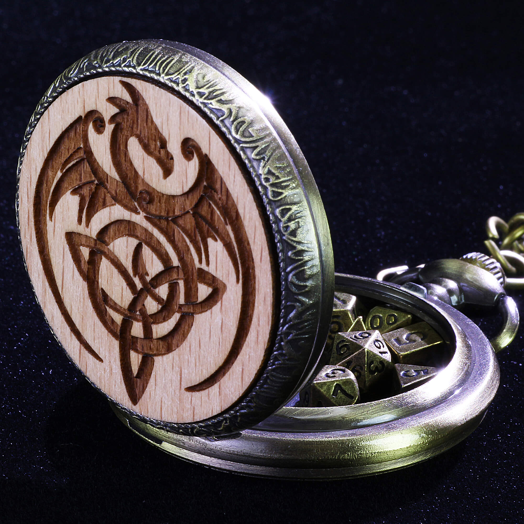 Viking Dragon Mini Polyhedral Metal Dice Set DD with Pocket Watch Shell Case - Dice of Dragons