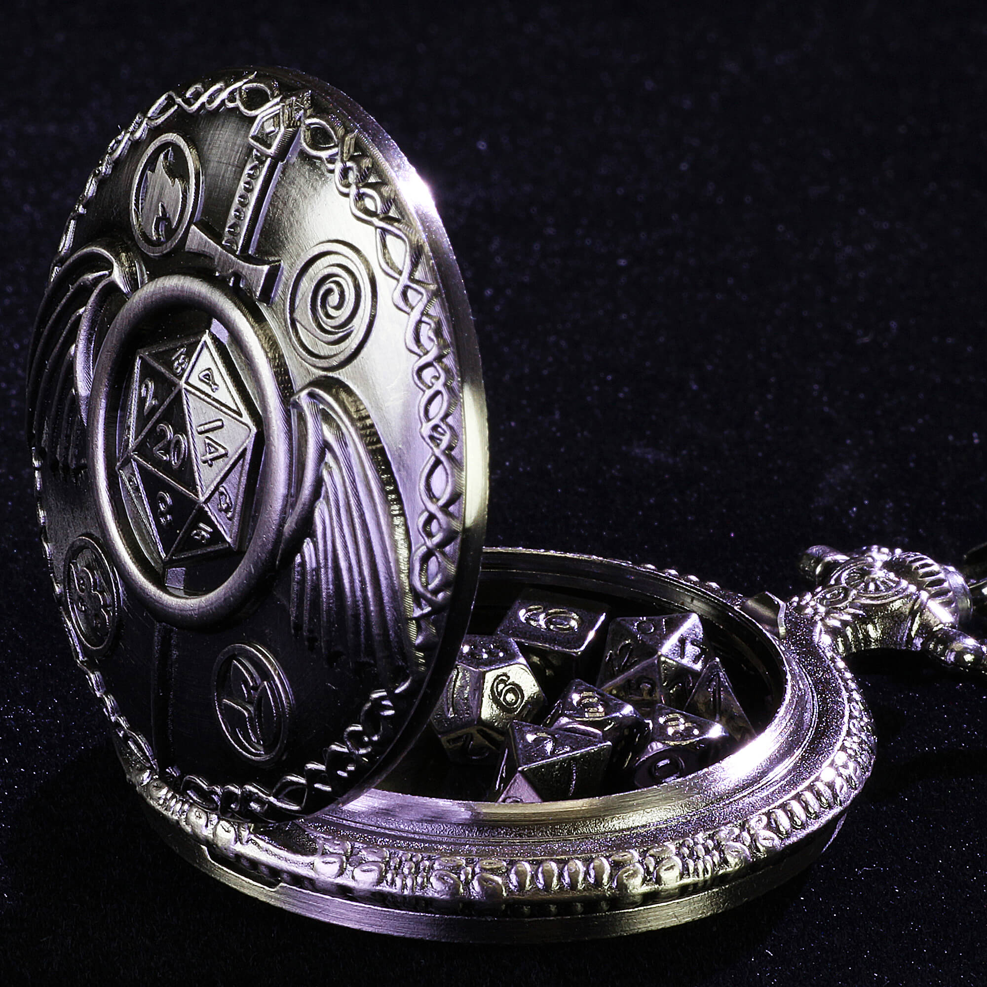 Wing Sword Mini Polyhedral Metal Dice Sets D and D with Pocket Watch Shell Case - Dice of Dragons