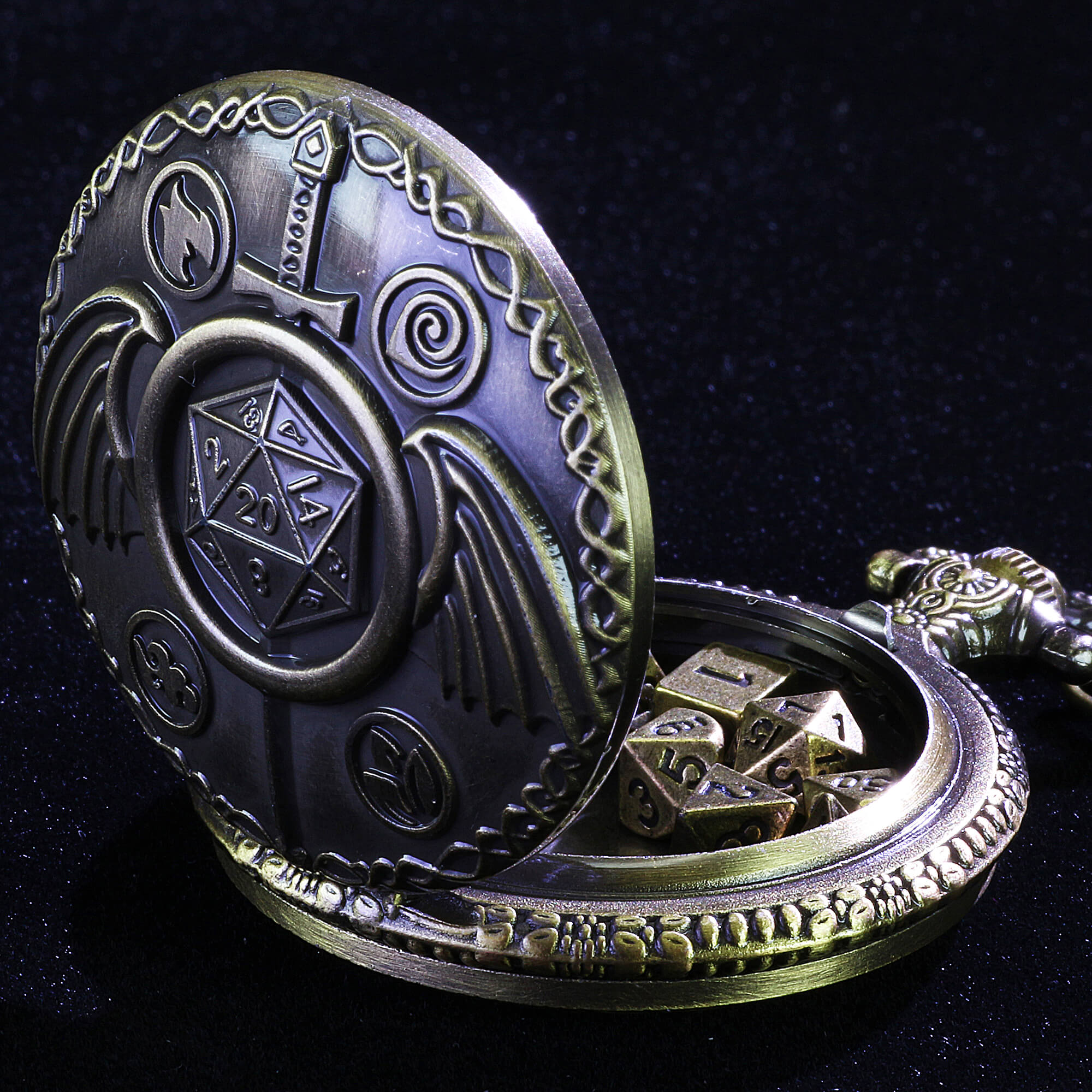 Wing Sword Mini Polyhedral Metal Dice Sets D and D with Pocket Watch Shell Case - Dice of Dragons