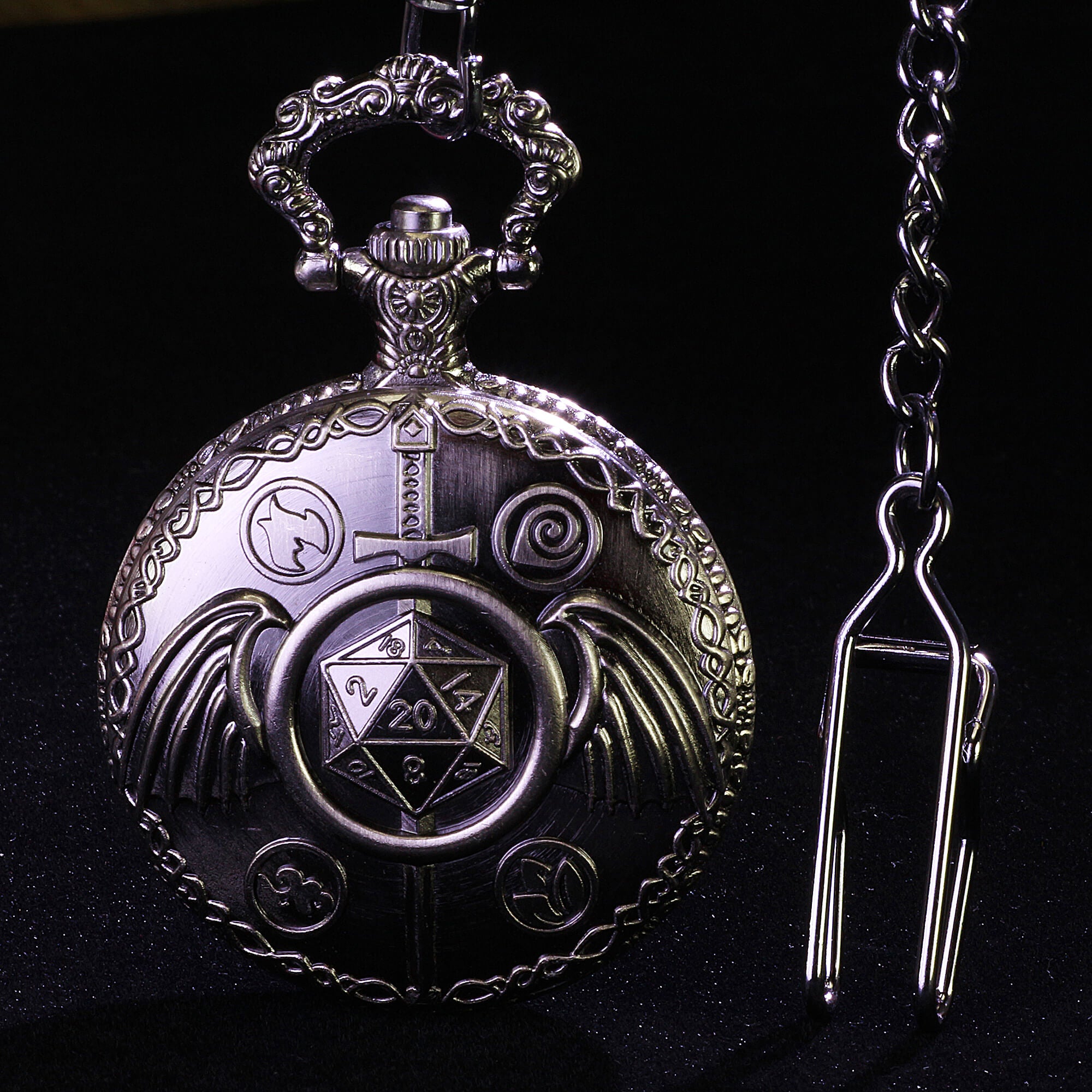 Wing Sword Mini Polyhedral Metal Dice Sets D and D with Pocket Watch Shell Case - Dice of Dragons