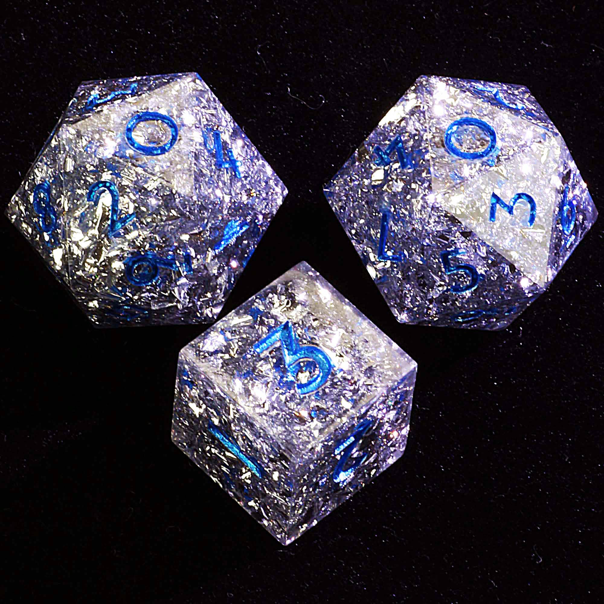3 Polyhedral Resin 20 Sided D10 and 6 Sided D3 Draw Steel Set Dice Silver Edge