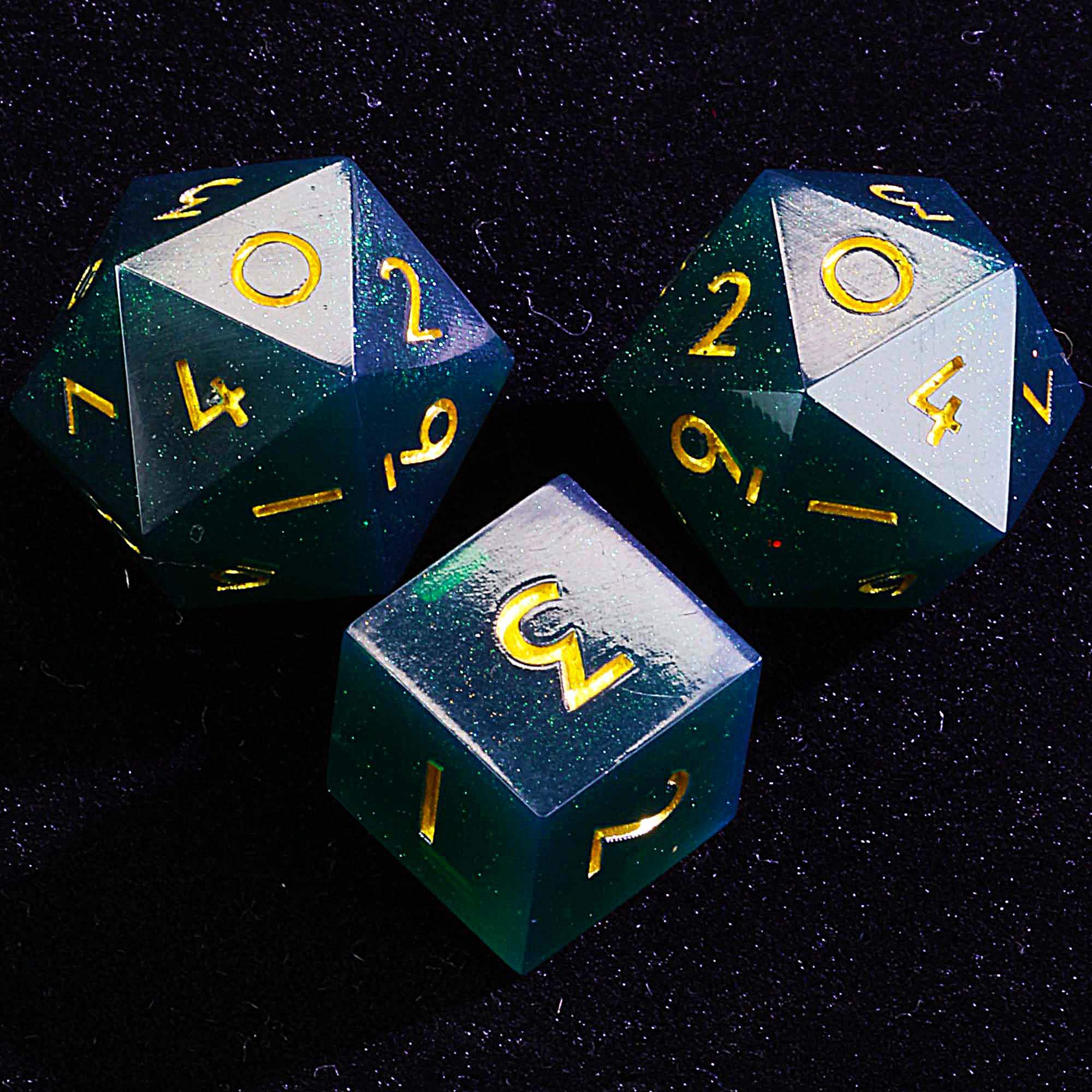 3 Polyhedral Resin 20 Sided D10 and 6 Sided D3 Draw Steel Sets of Dice Deep Green