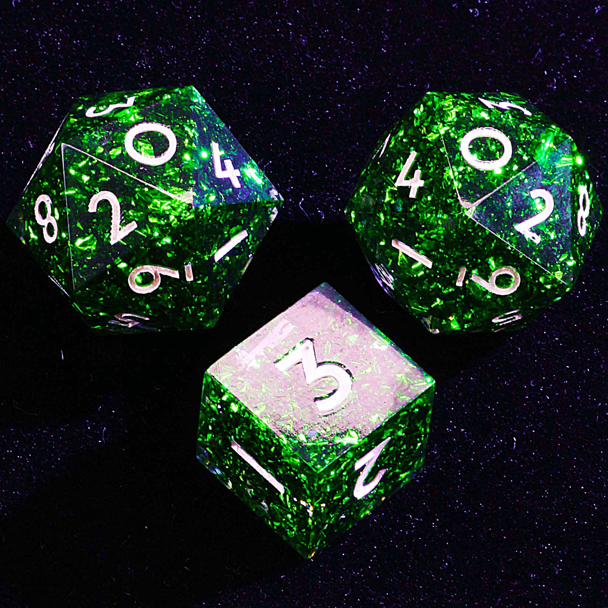 3 Polyhedral Resin 20 Sided D10 and 6 Sided D3 Sets Dice Draw Steel Emerald Splash