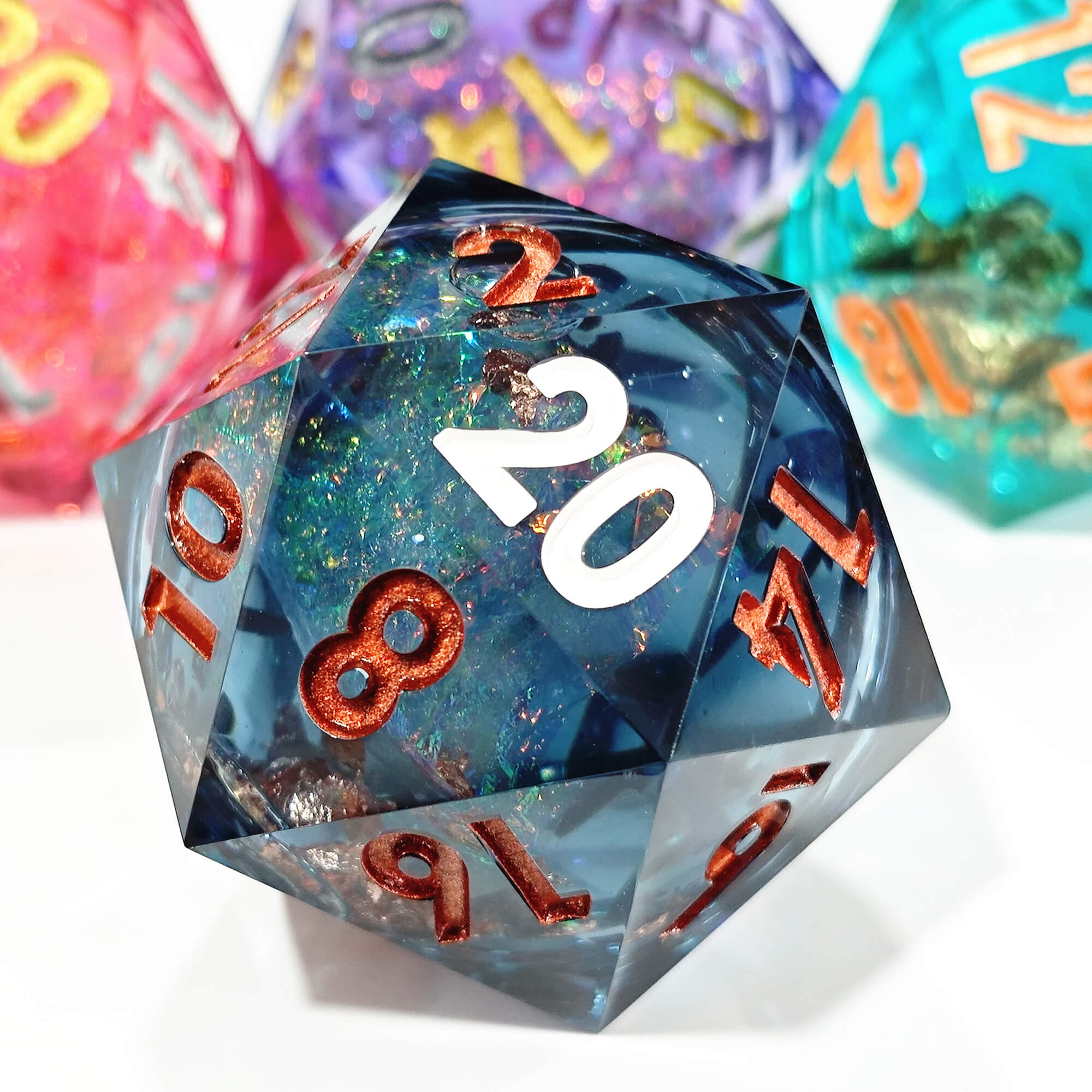 50mm Sharp Edge Polyhedral Blue Liquid Core D20 Dice DnD - Dice of Dragons