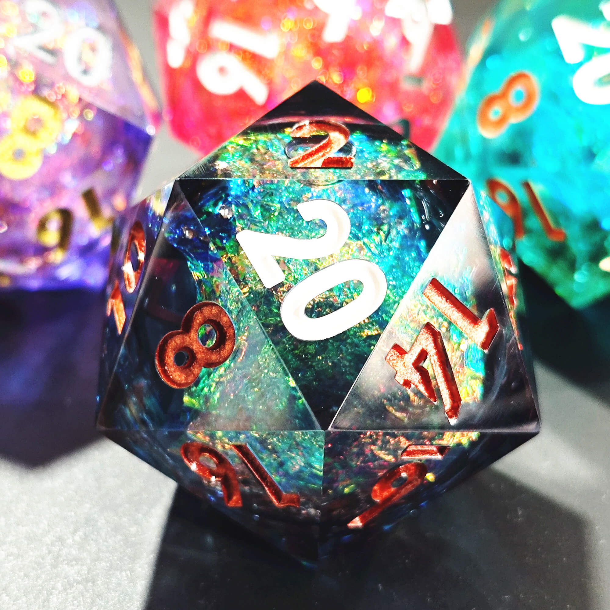 50mm Sharp Edge Polyhedral Blue Liquid Core D20 Dice DnD - Dice of Dragons