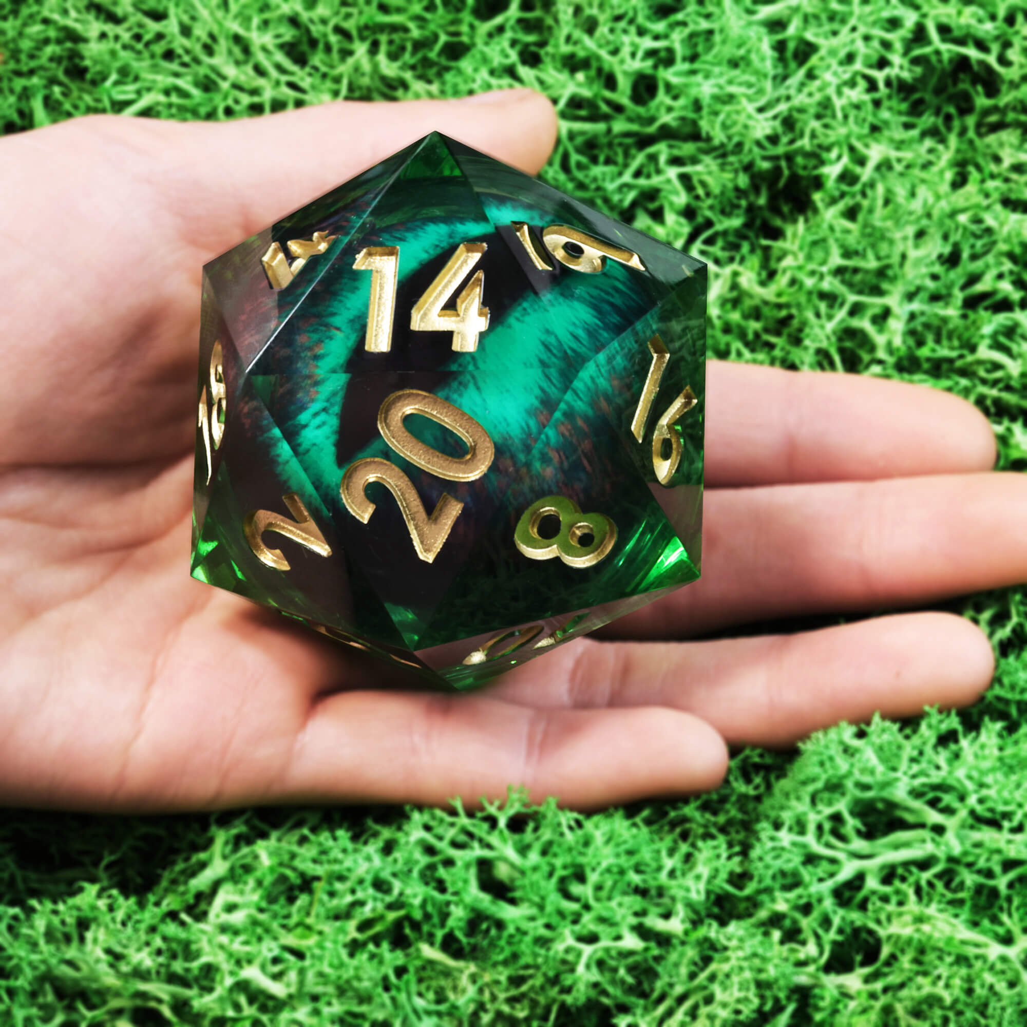 50mm Sharp Edge Polyhedral Green Dragon Eye D&D D20 Dice - Dice of Dragons