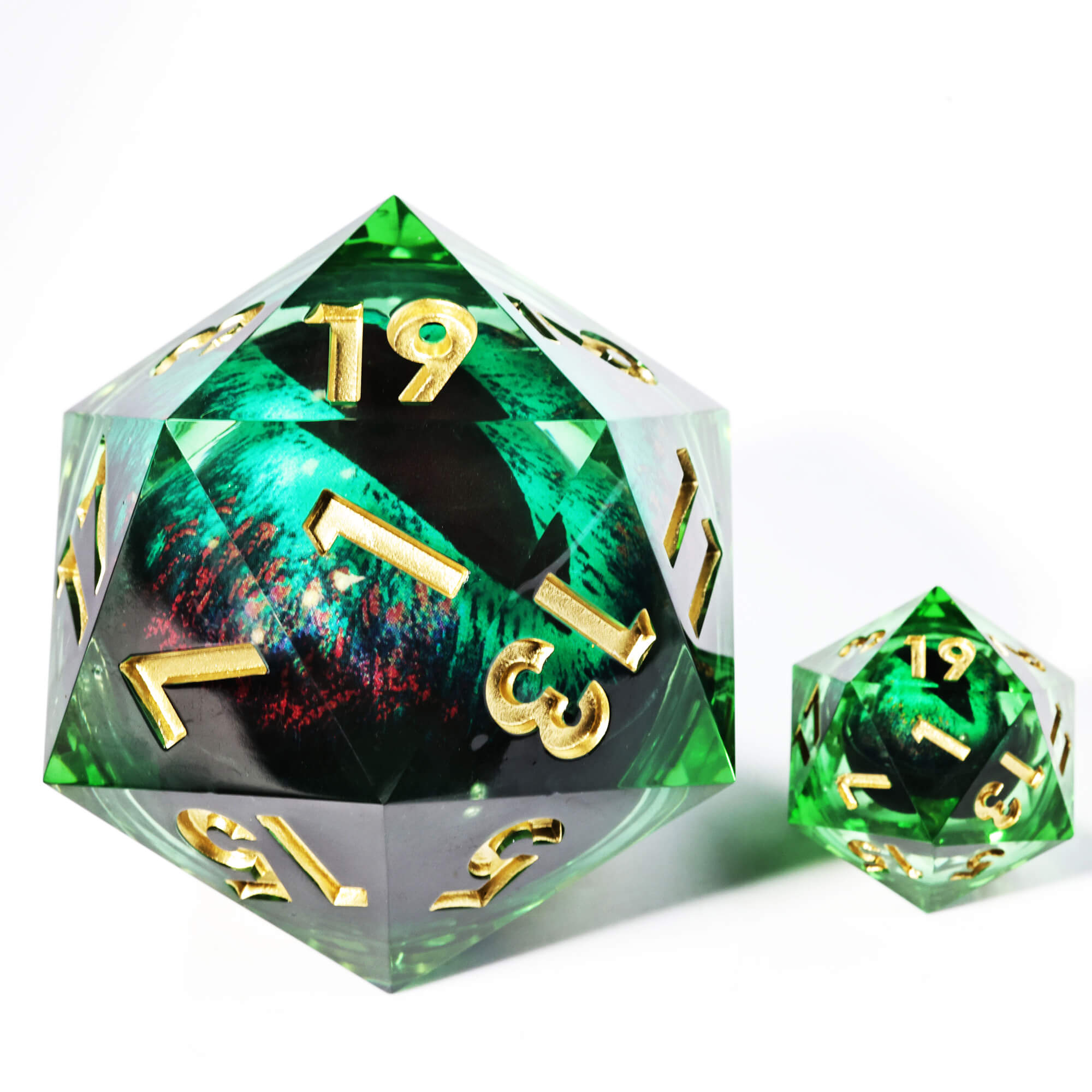 50mm Sharp Edge Polyhedral Green Dragon Eye D&D D20 Dice - Dice of Dragons