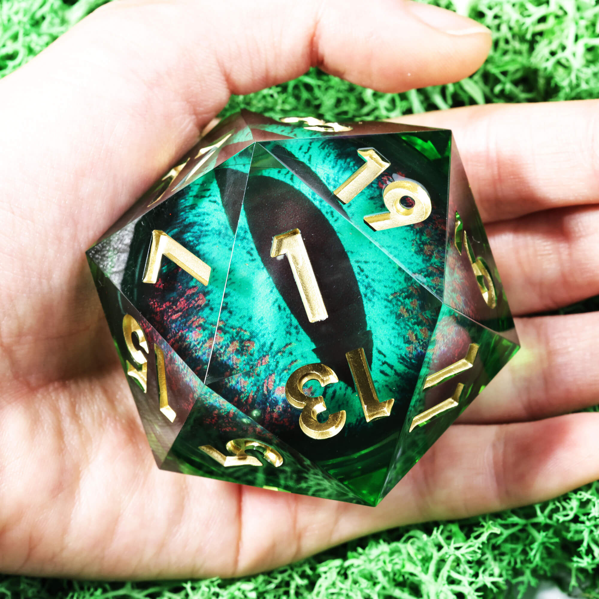 50mm Sharp Edge Polyhedral Green Dragon Eye D&D D20 Dice - Dice of Dragons