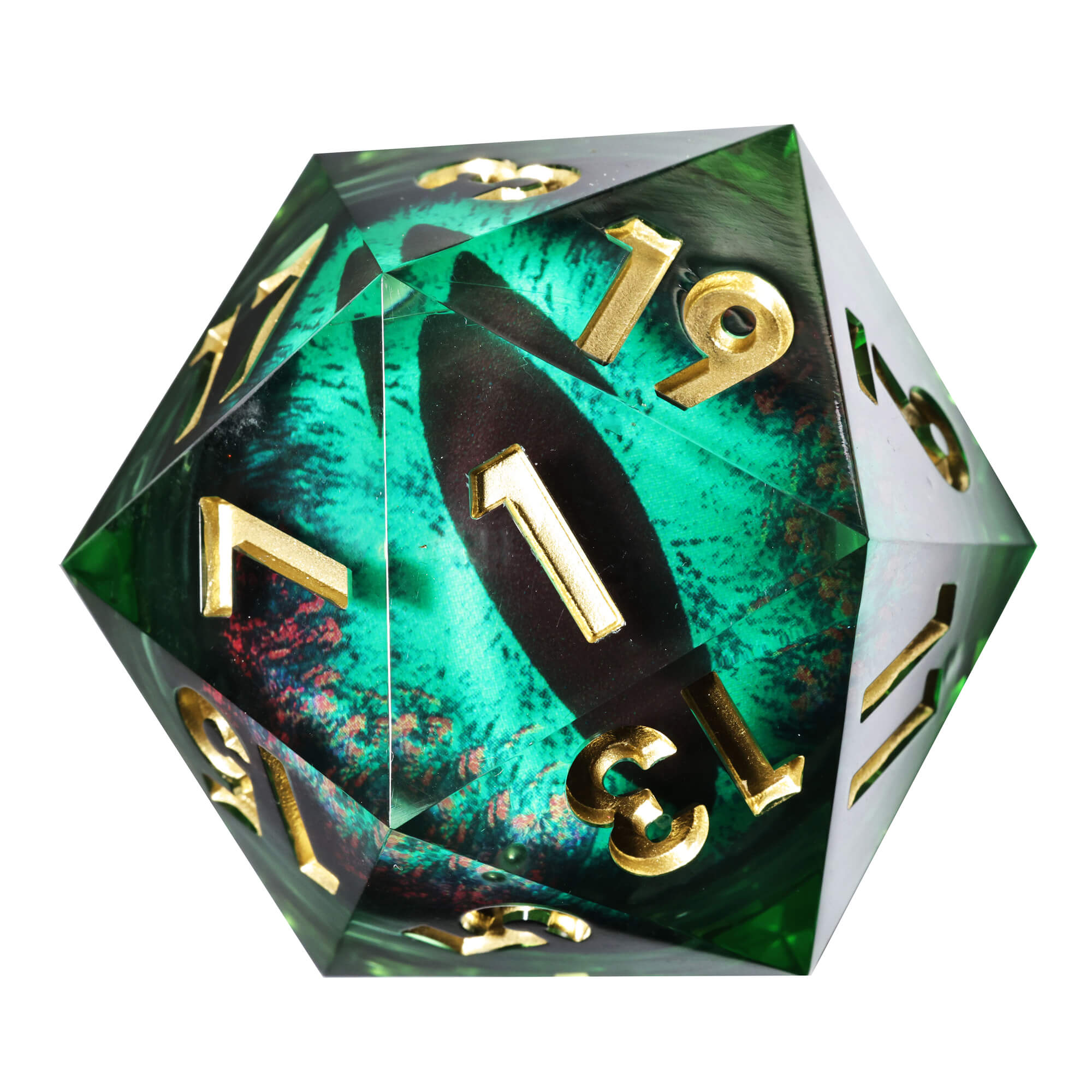 50mm Sharp Edge Polyhedral Green Dragon Eye D&D D20 Dice - Dice of Dragons