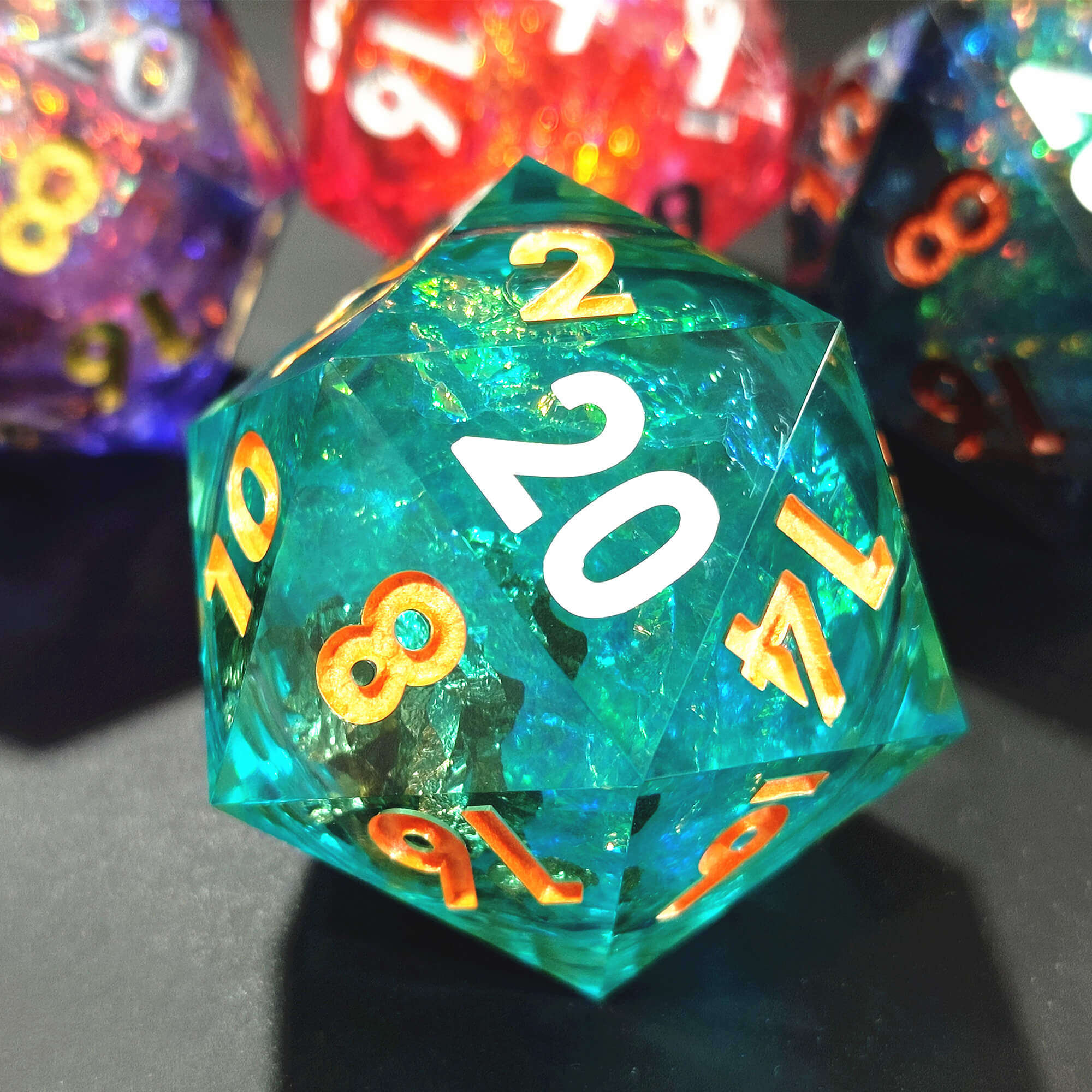 50mm Sharp Edge Polyhedral Green Liquid Core D20 D&D Dice - Dice of Dragons