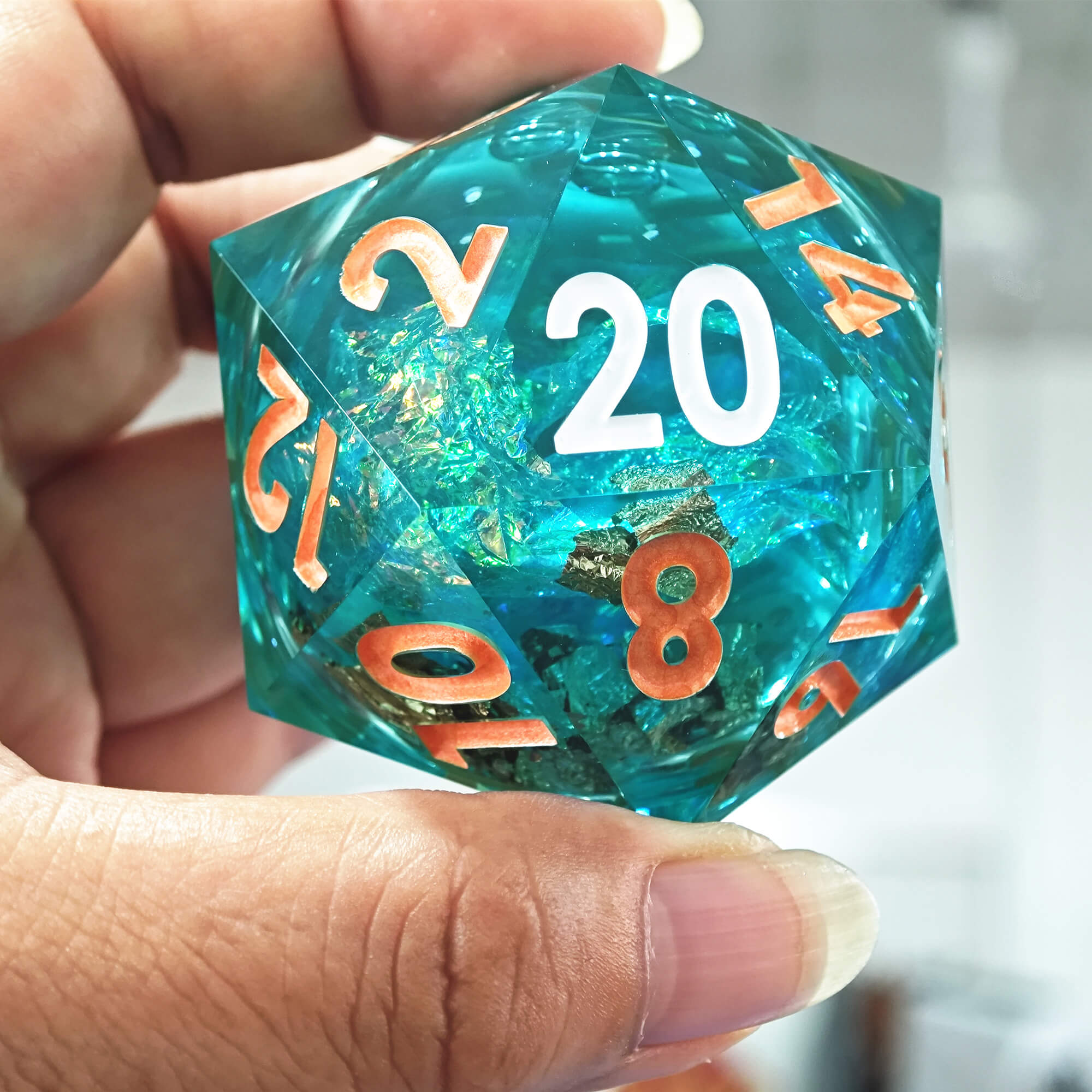 50mm Sharp Edge Polyhedral Green Liquid Core D20 D&D Dice