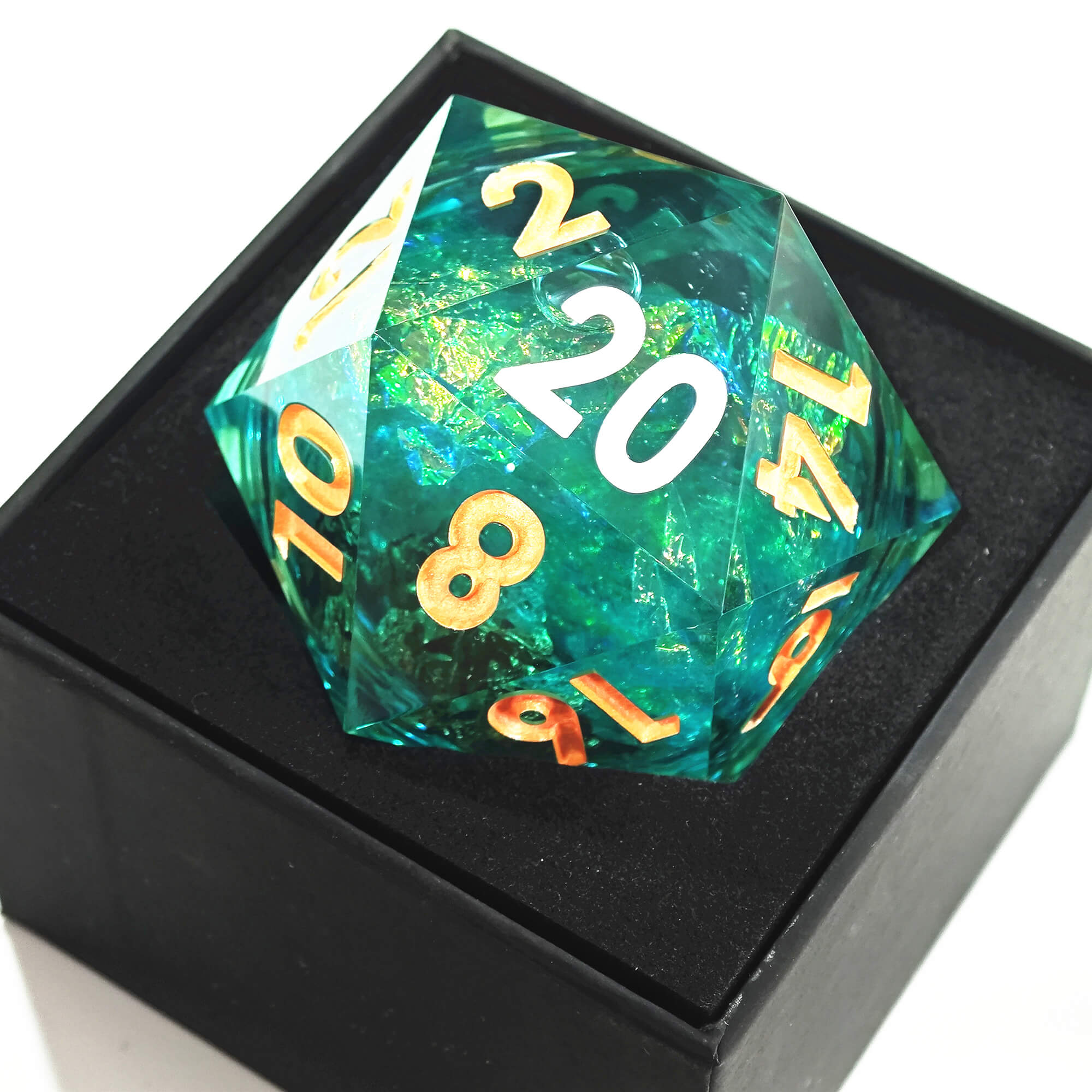 50mm Sharp Edge Polyhedral Green Liquid Core D20 D&D Dice - Dice of Dragons