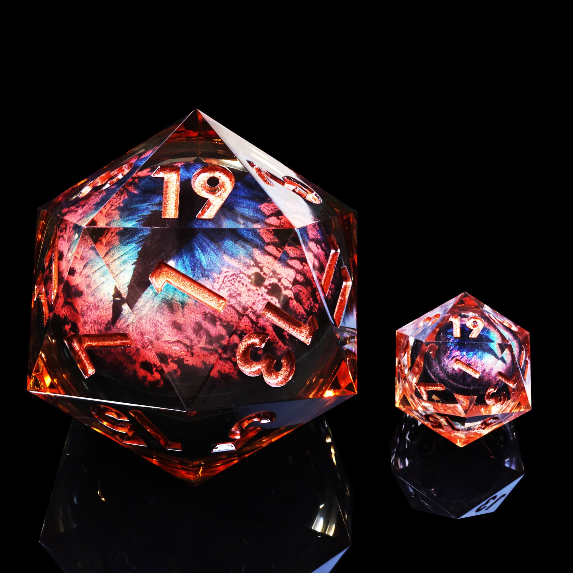 50mm Sharp Edge Polyhedral Orange Dragon Eye 20 Sided DnD Dice - Dice of Dragons