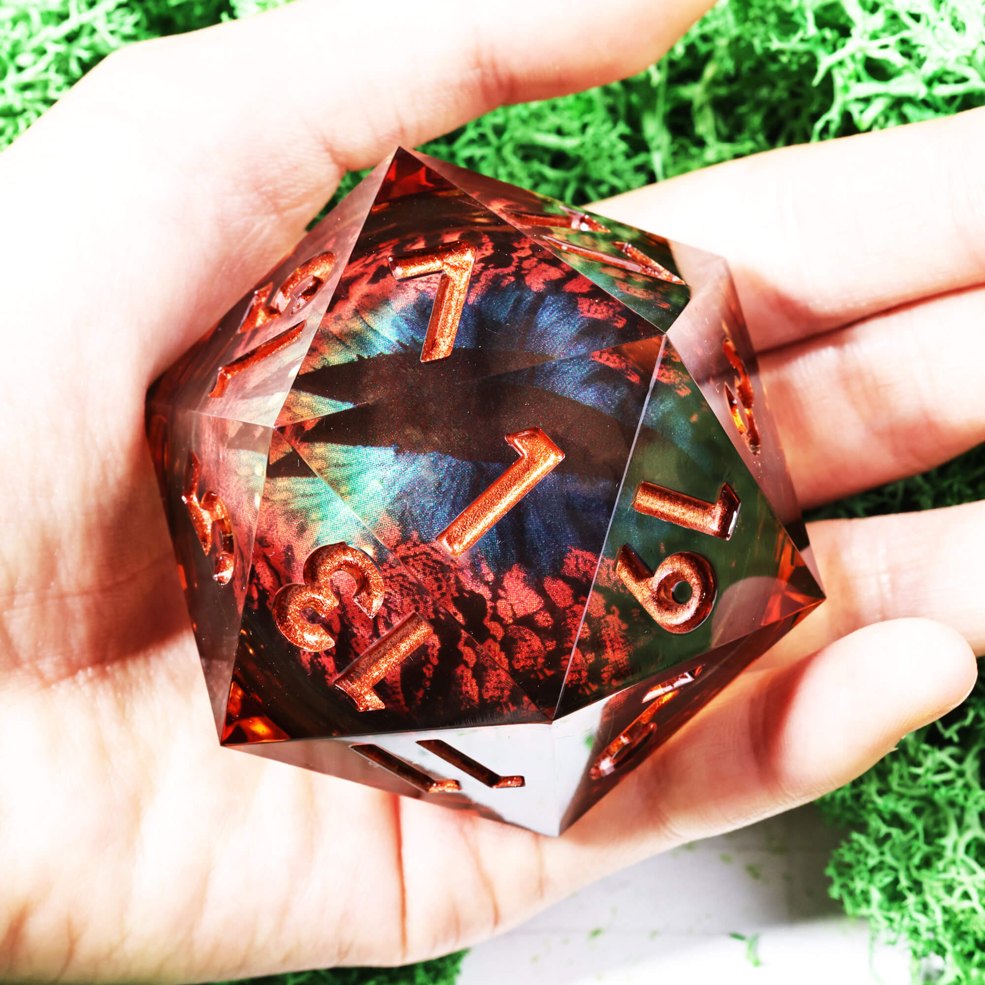 50mm Sharp Edge Polyhedral Orange Dragon Eye Large 20 Sided DnD Dice - Dice of Dragons