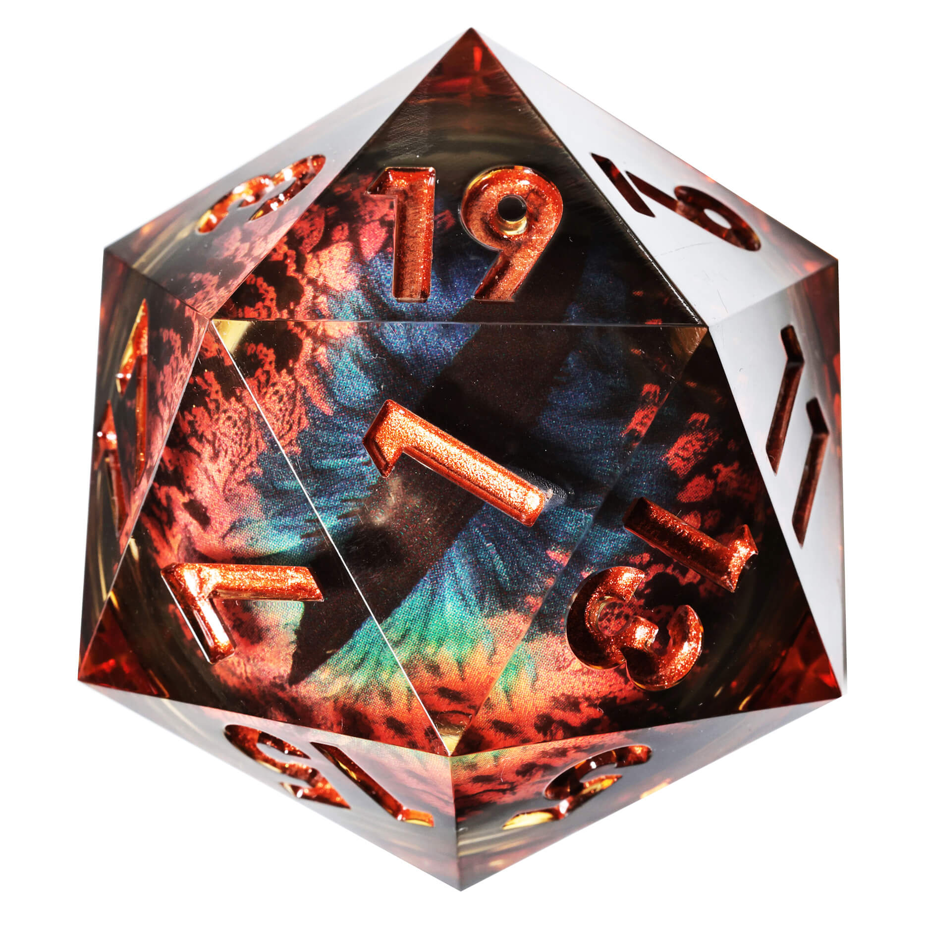 50mm Sharp Edge Polyhedral Orange Dragon Eye Large 20 Sided DnD Dice - Dice of Dragons