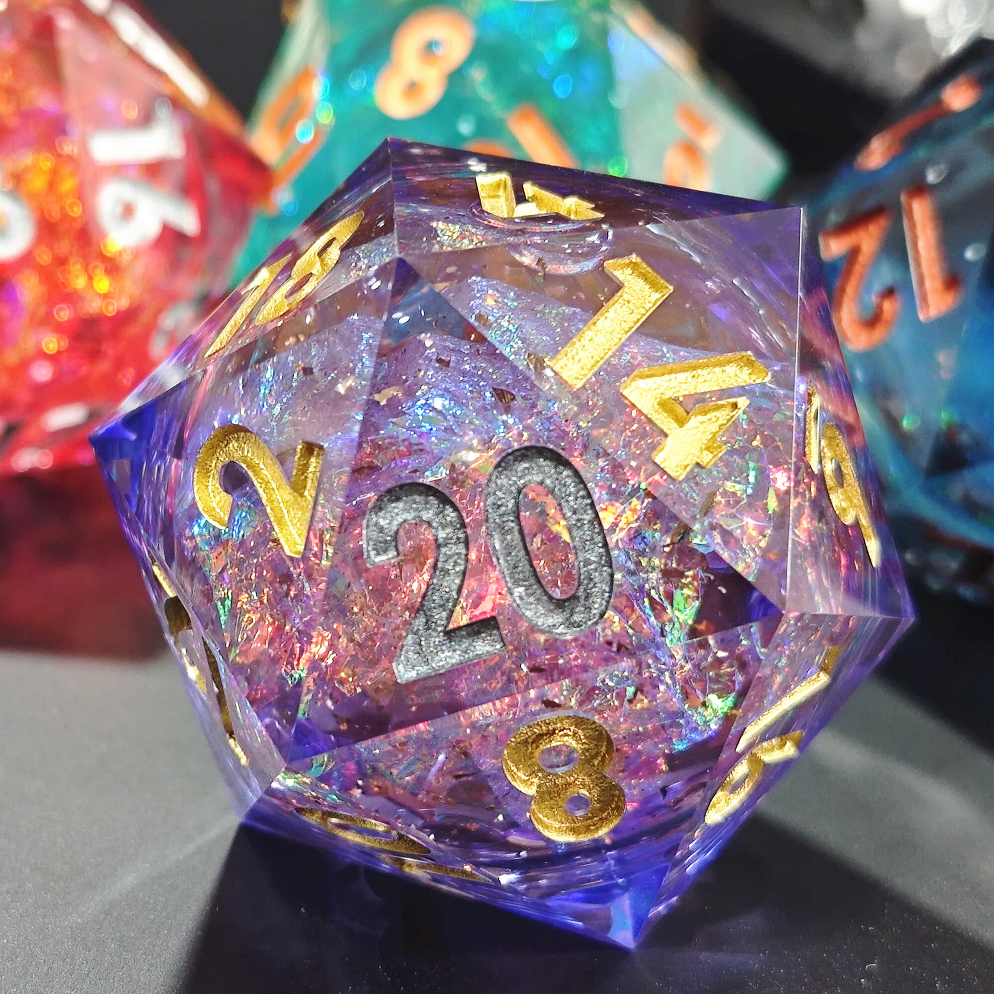 50mm Sharp Edge Polyhedral Purple Liquid Core D20 Dice D&D - Dice of Dragons