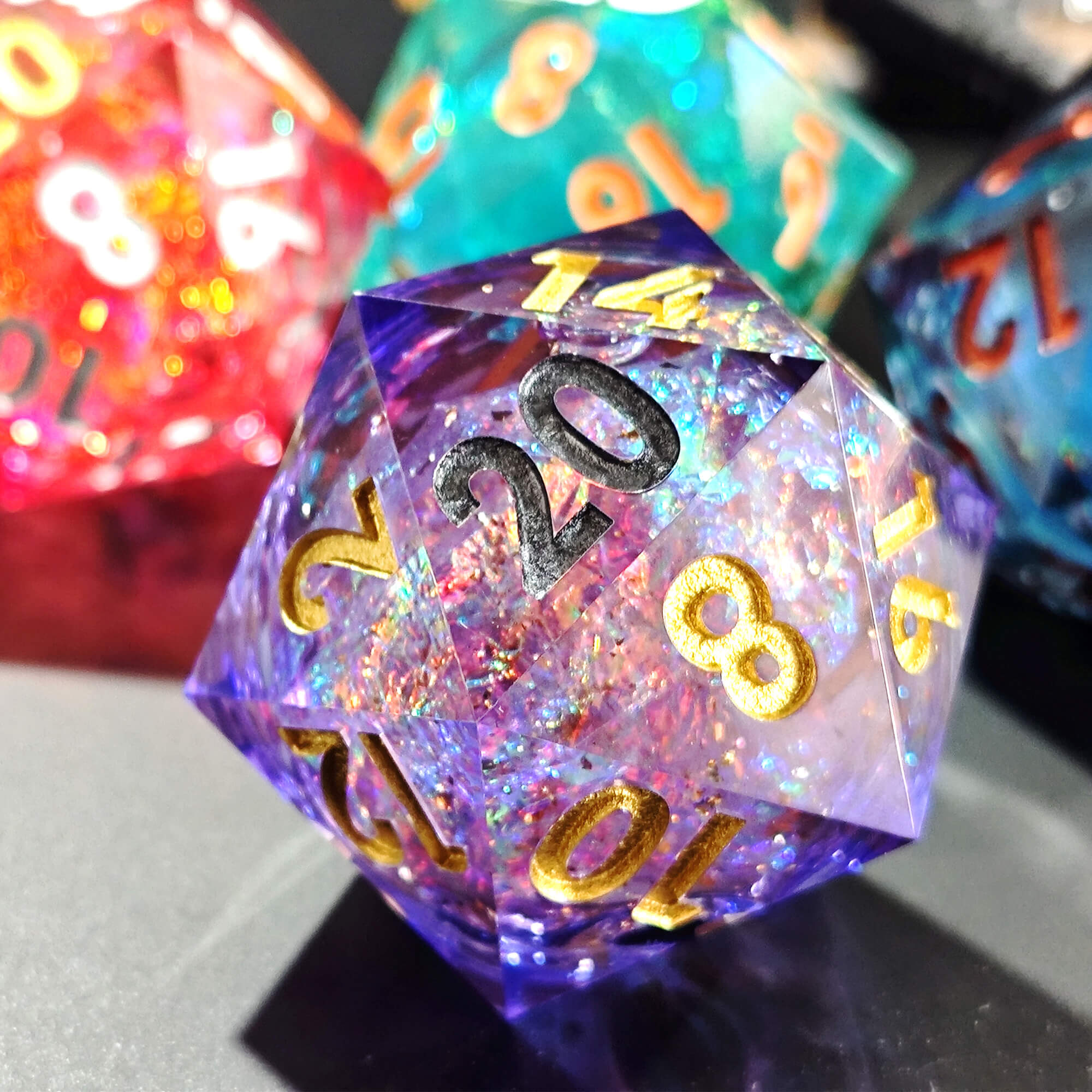 50mm Sharp Edge Polyhedral Purple Liquid Core D20 Dice D&D - Dice of Dragons