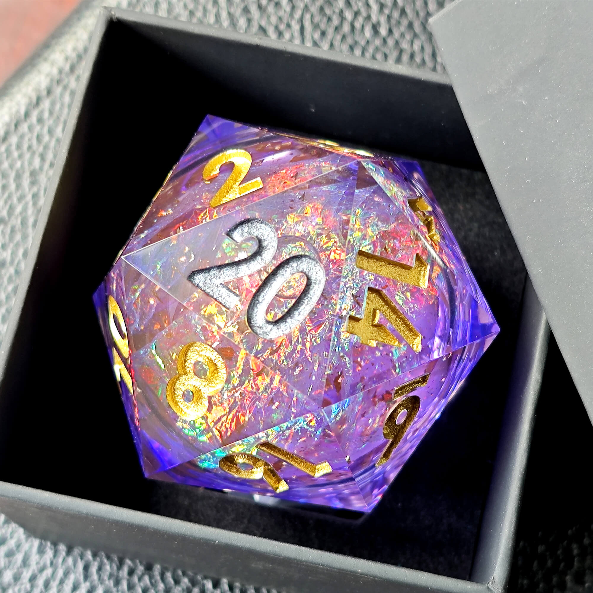 50mm Sharp Edge Polyhedral Purple Liquid Core D20 Dice D&D - Dice of Dragons