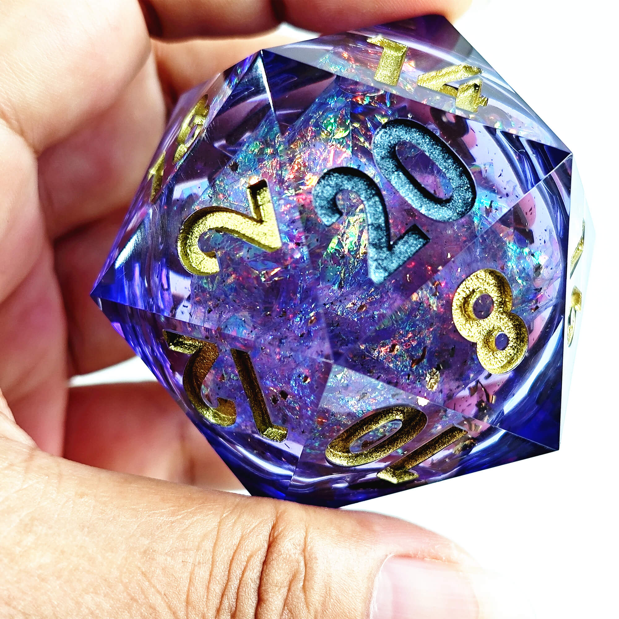 50mm Sharp Edge Polyhedral Purple Liquid Core D20 Dice D&D - Dice of Dragons