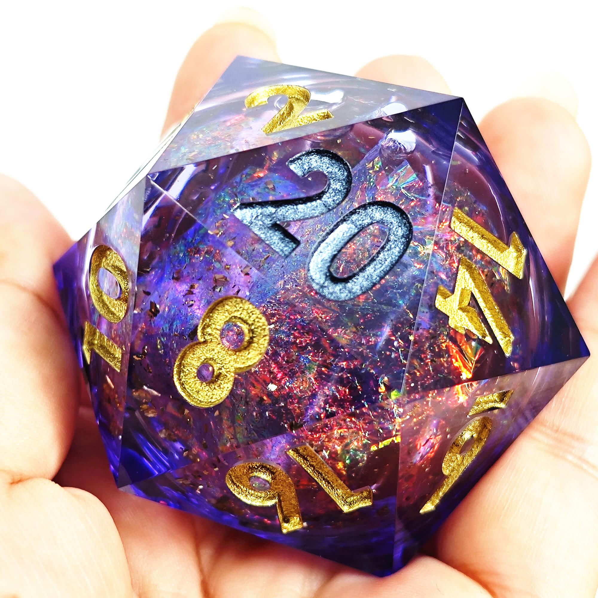 50mm Sharp Edge Polyhedral Purple Liquid Core D20 Dice D&D - Dice of Dragons