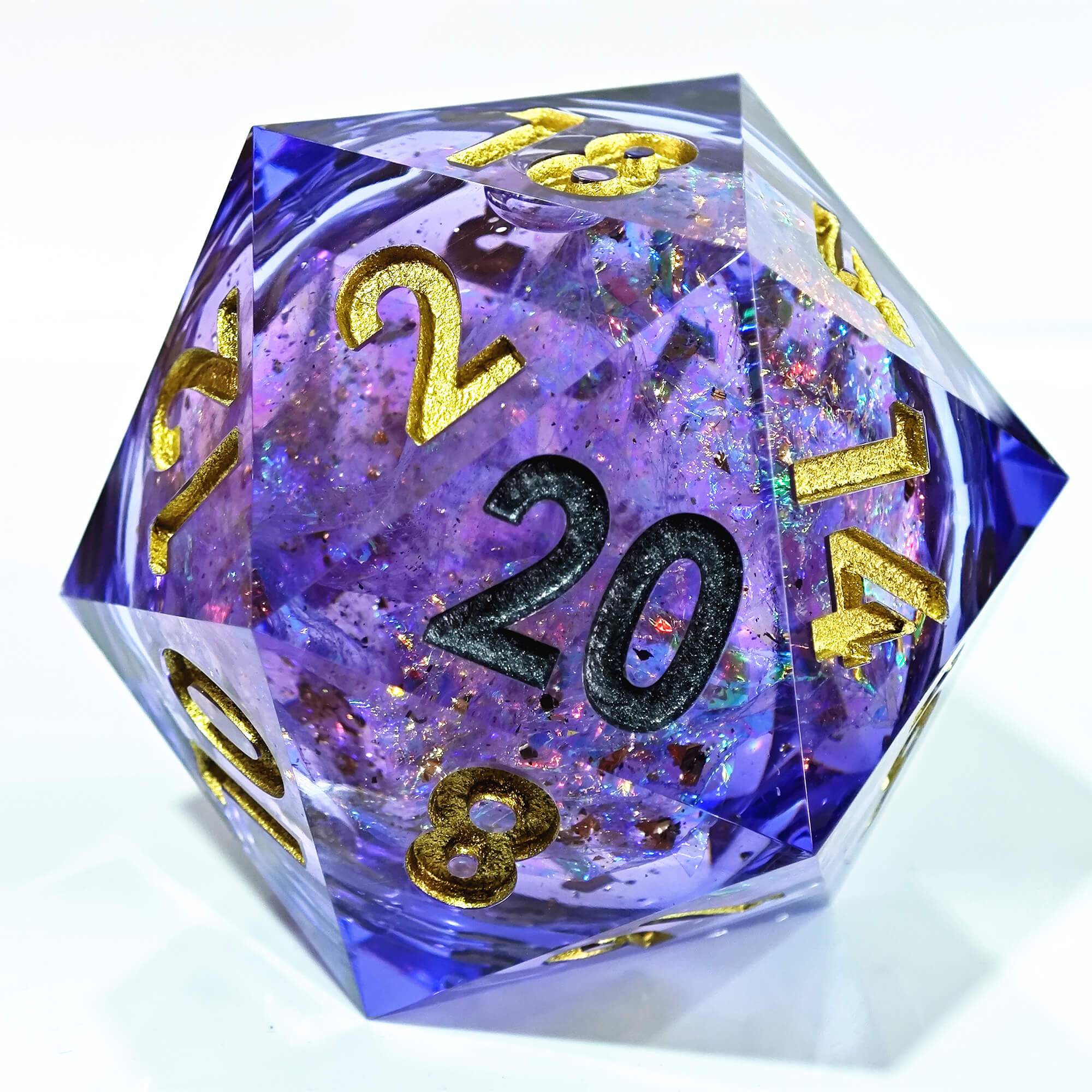 50mm Sharp Edge Polyhedral Purple Liquid Core D20 Dice D&D