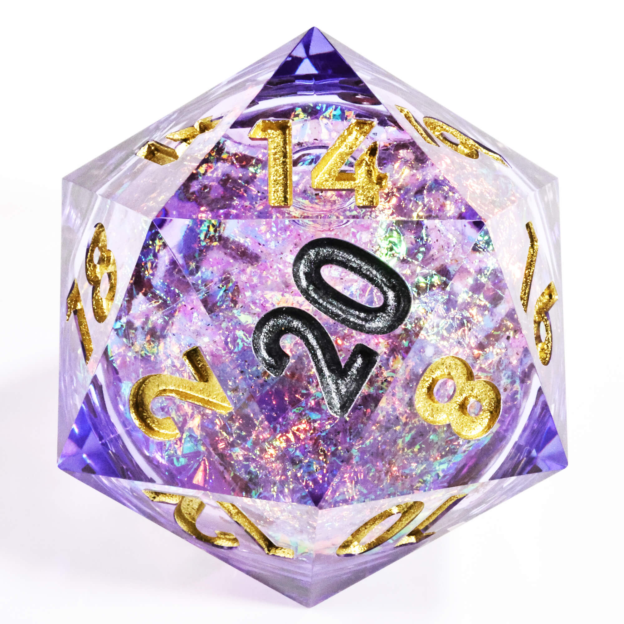 50mm Sharp Edge Polyhedral Purple Liquid Core Giant D20 Dice D&D - Dice of Dragons