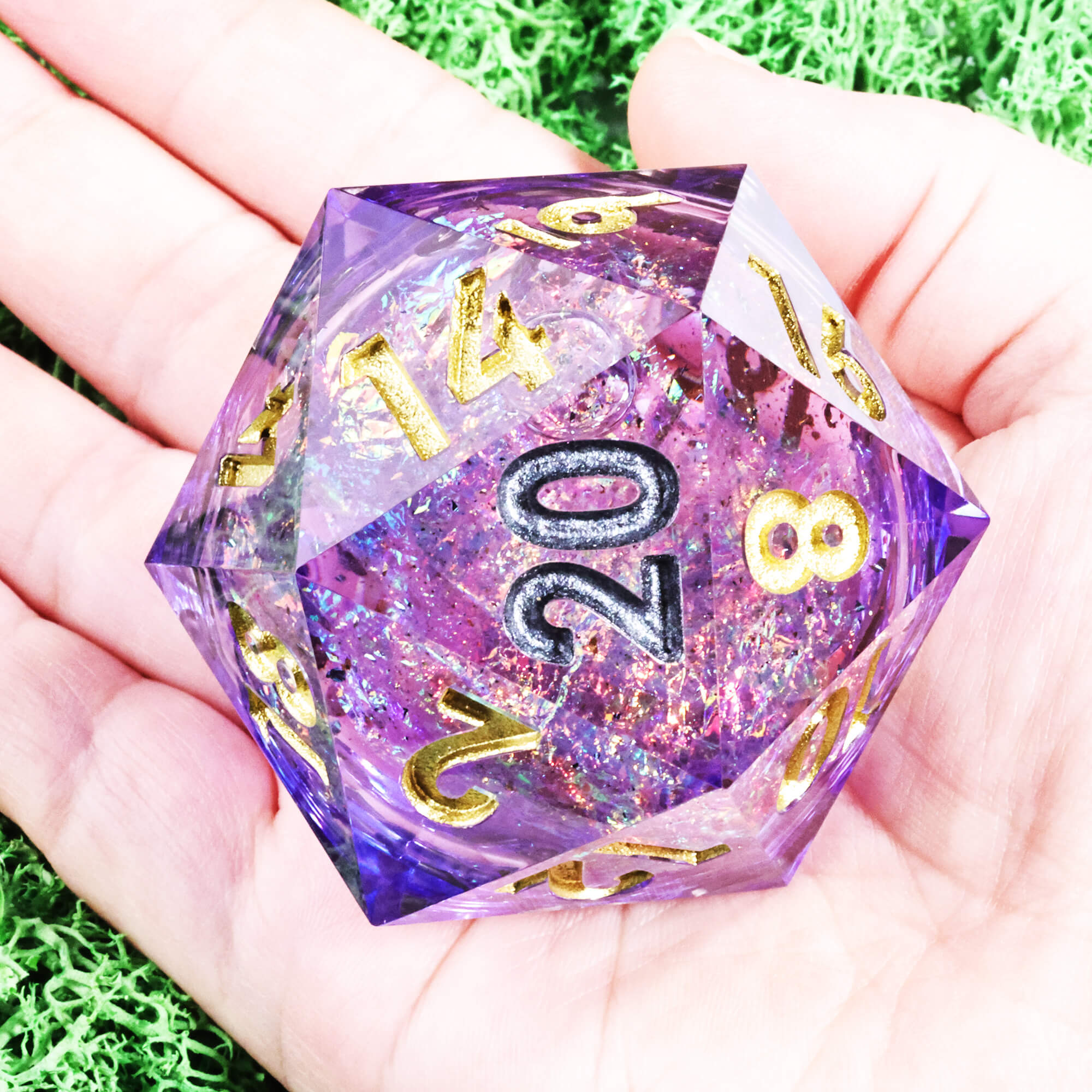 50mm Sharp Edge Polyhedral Purple Liquid Core Giant D20 Dice D&D - Dice of Dragons