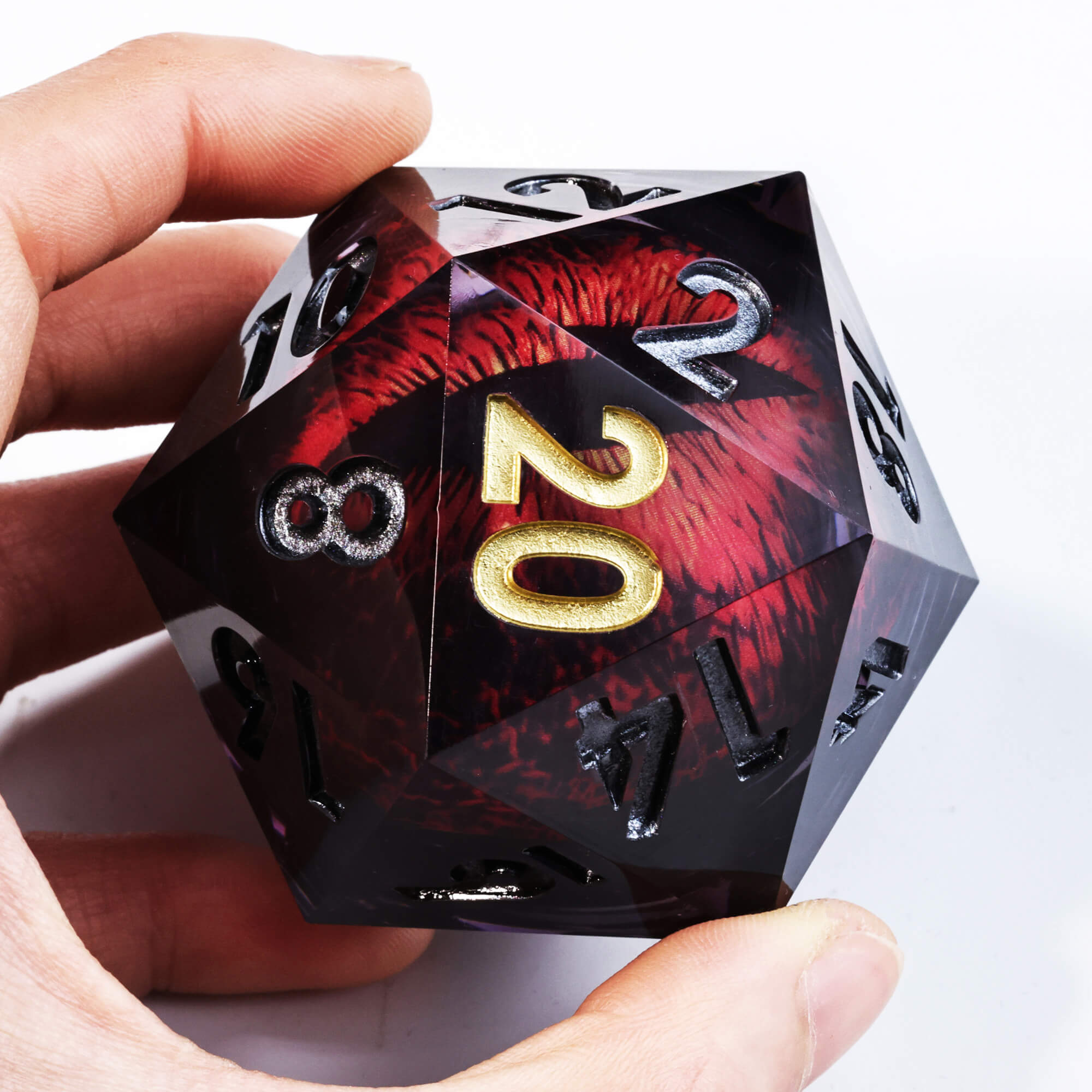 50mm Sharp Edge Polyhedral Red Dragon Eye D&D D20 Dice - Dice of Dragons