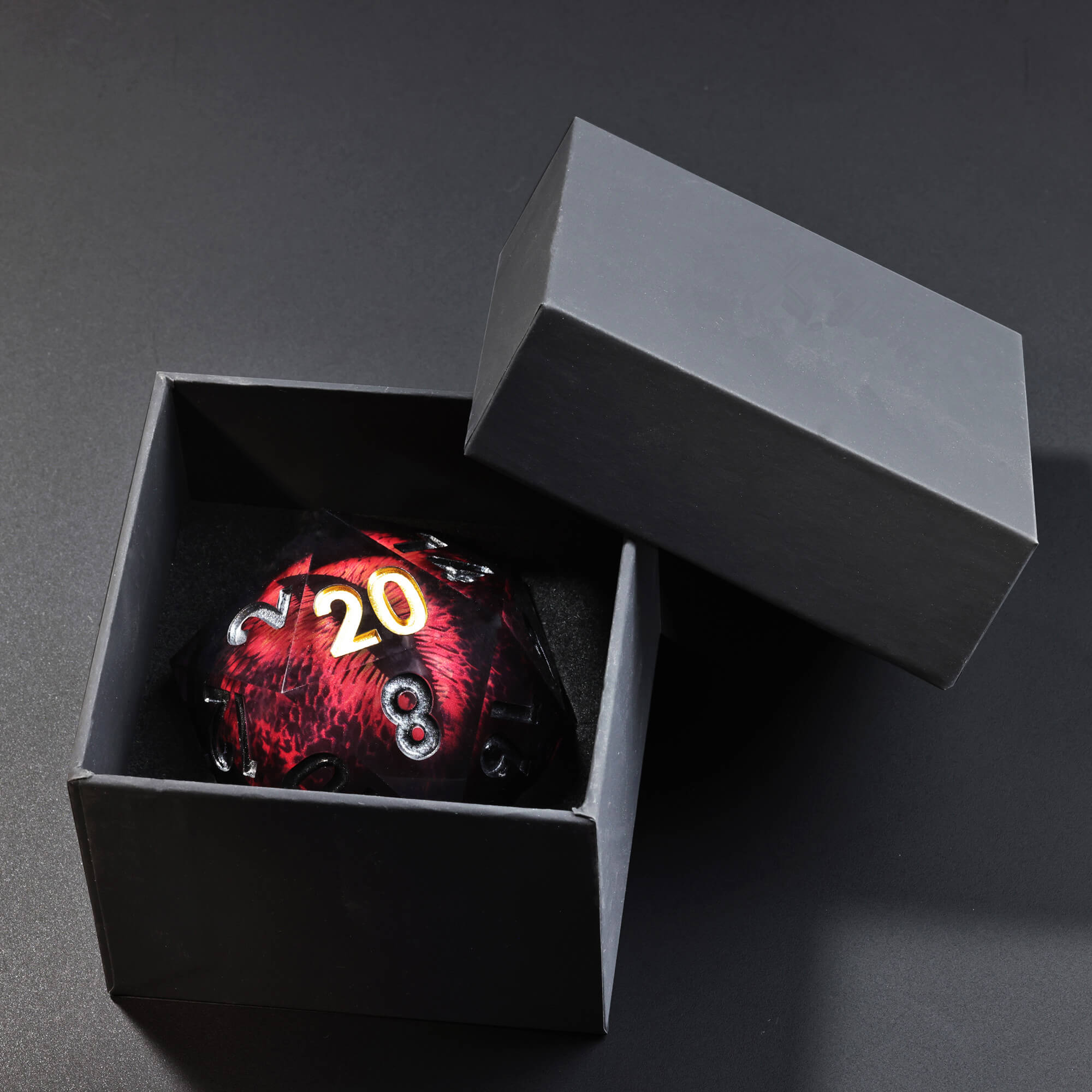 50mm Sharp Edge Polyhedral Red Dragon Eye D&D D20 Dice - Dice of Dragons