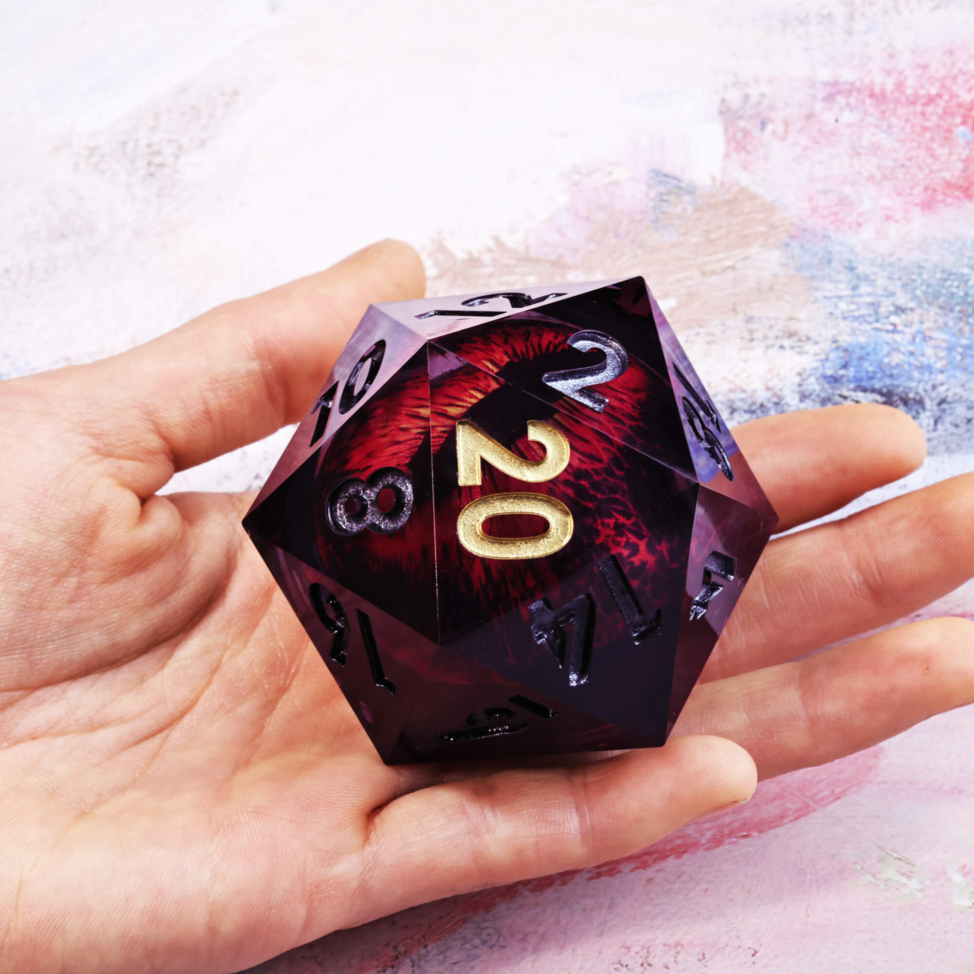 50mm Sharp Edge Polyhedral Red Dragon Eye D&D D20 Dice - Dice of Dragons