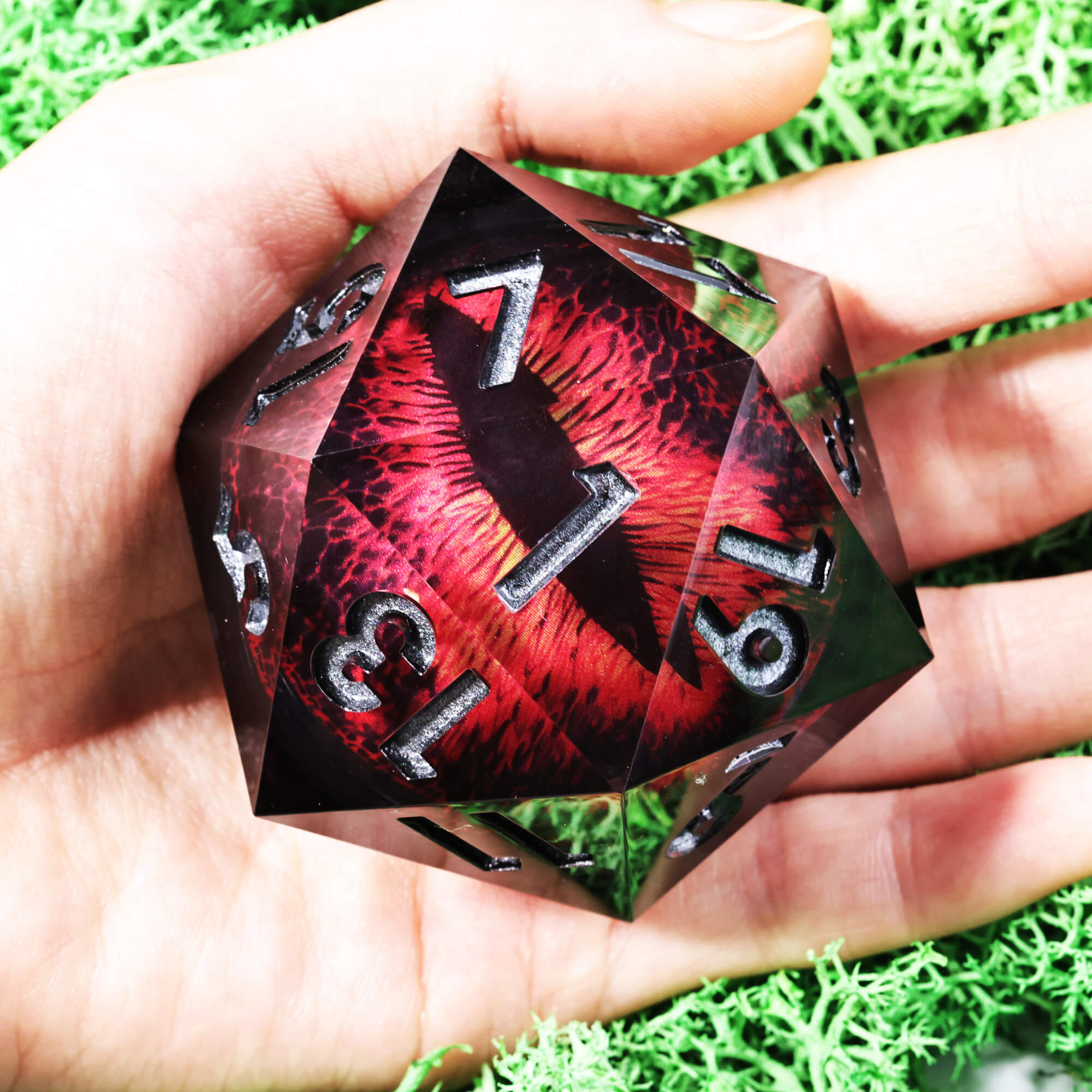 50mm Sharp Edge Polyhedral Red Dragon Eye D&D Large D20 Dice - Dice of Dragons