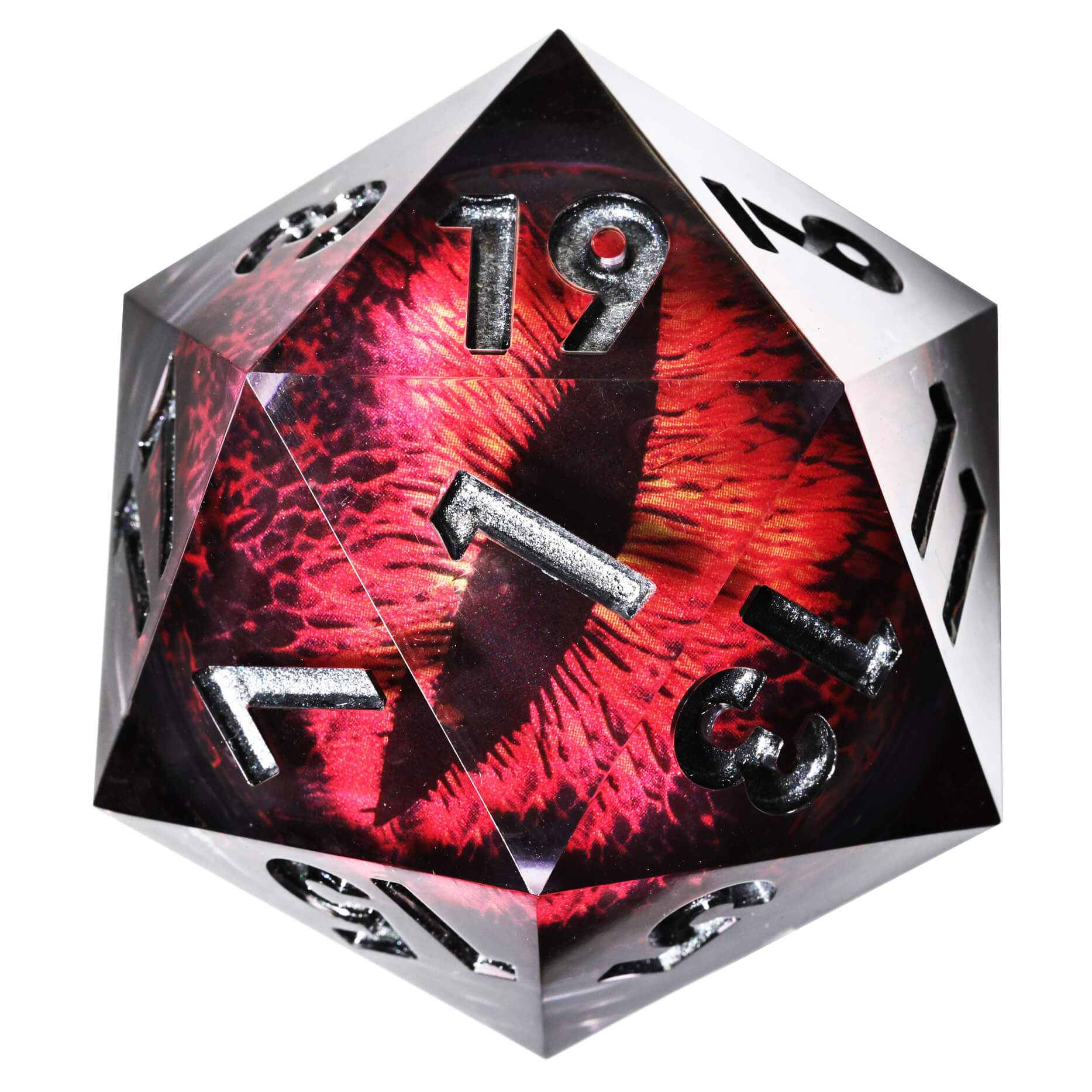 50mm Sharp Edge Polyhedral Red Dragon Eye D&D Large D20 Dice - Dice of Dragons