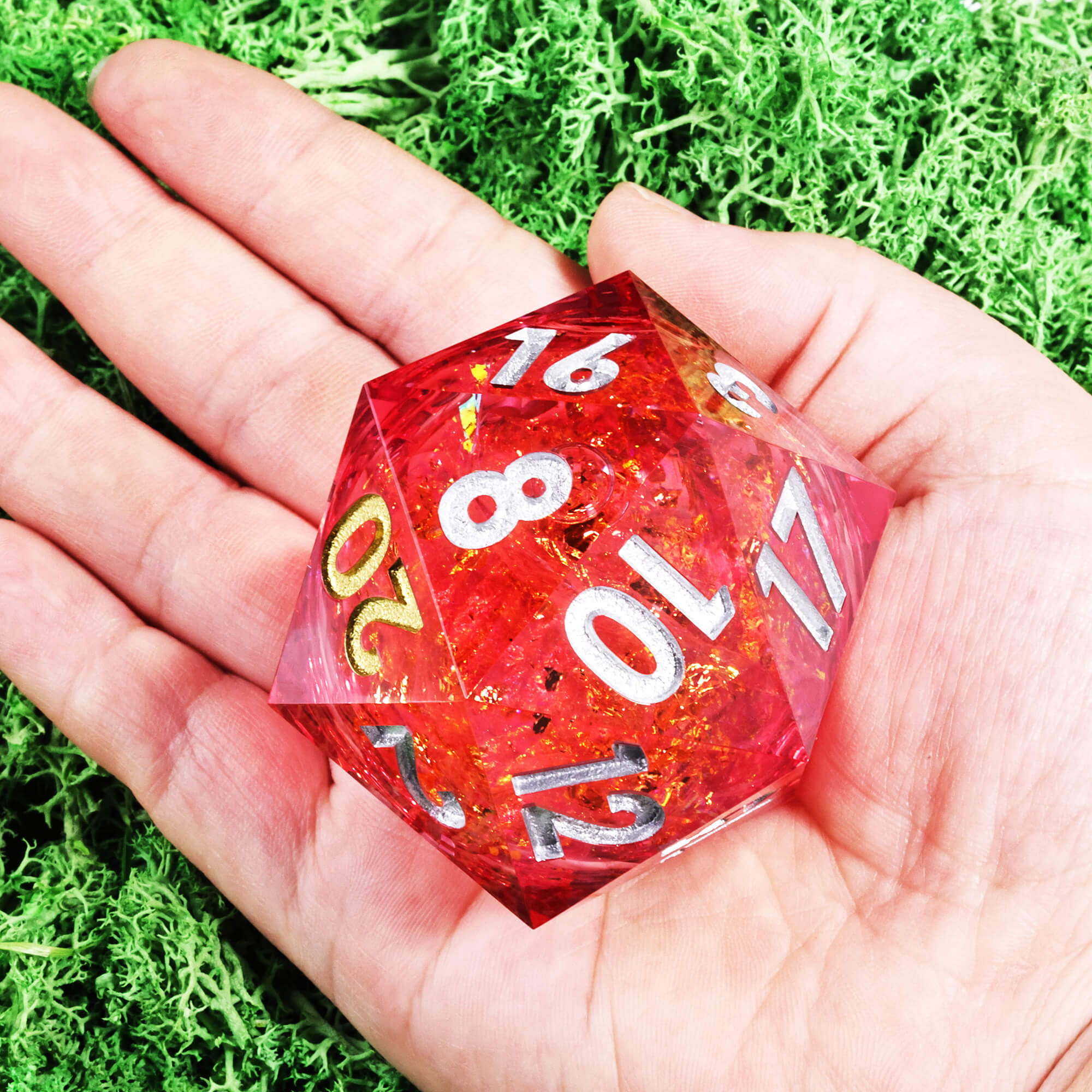 50mm Sharp Edge Polyhedral Red Liquid Core Giant D20 DnD Dice - Dice of Dragons