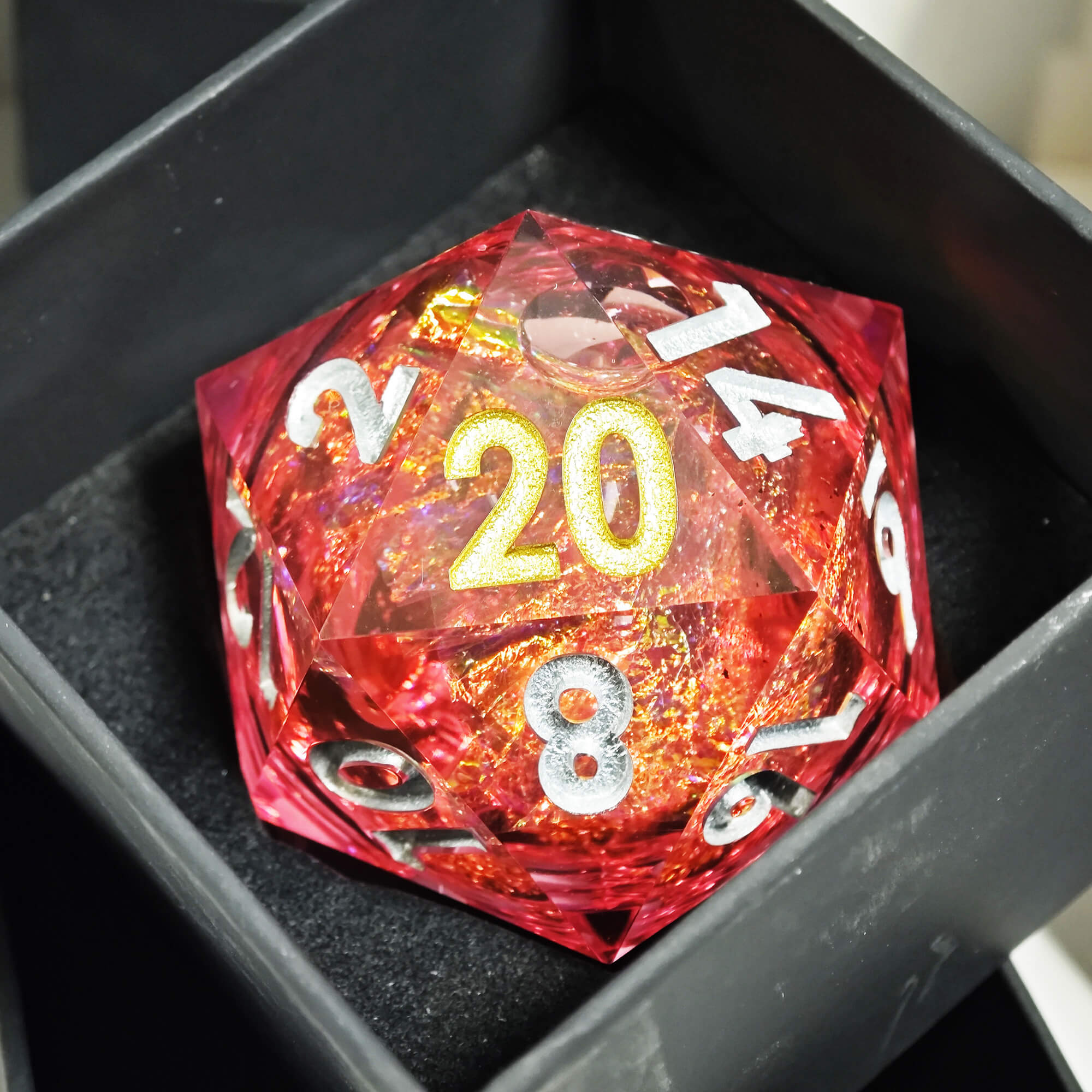 50mm Sharp Edge Polyhedral Red Liquid Core Giant D20 DnD Dice - Dice of Dragons