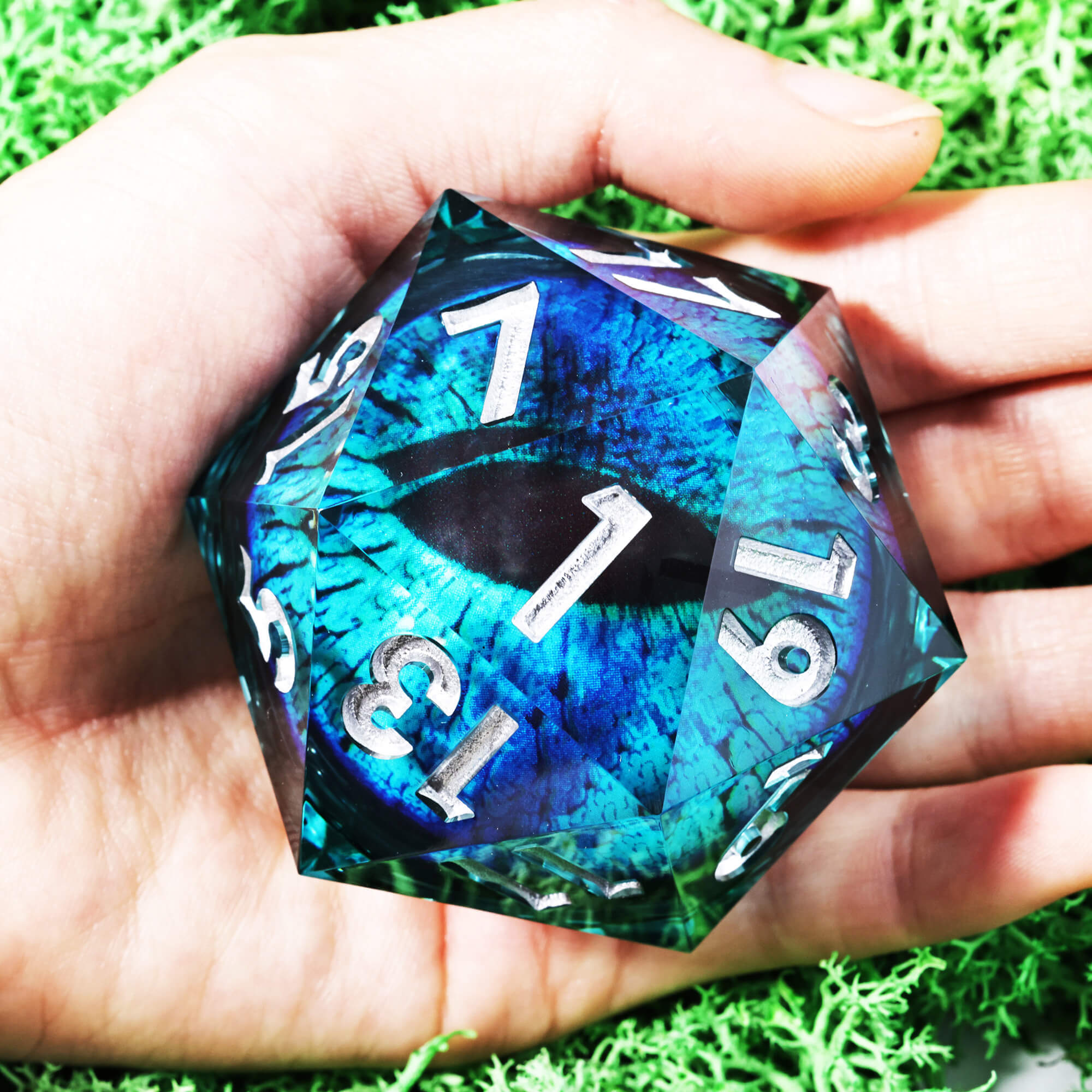 50mm Sharp Edge Polyhedral Sky Blue Dragon Eye Large 20 Sided D&D Dice - Dice of Dragons