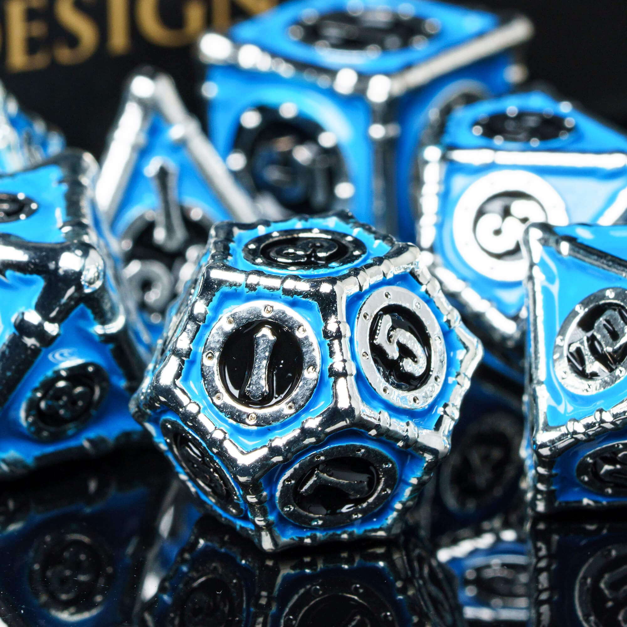 7 Bamboo Tube Polyhedral Metal D And D Dice Set Black Blue - Dice of Dragons