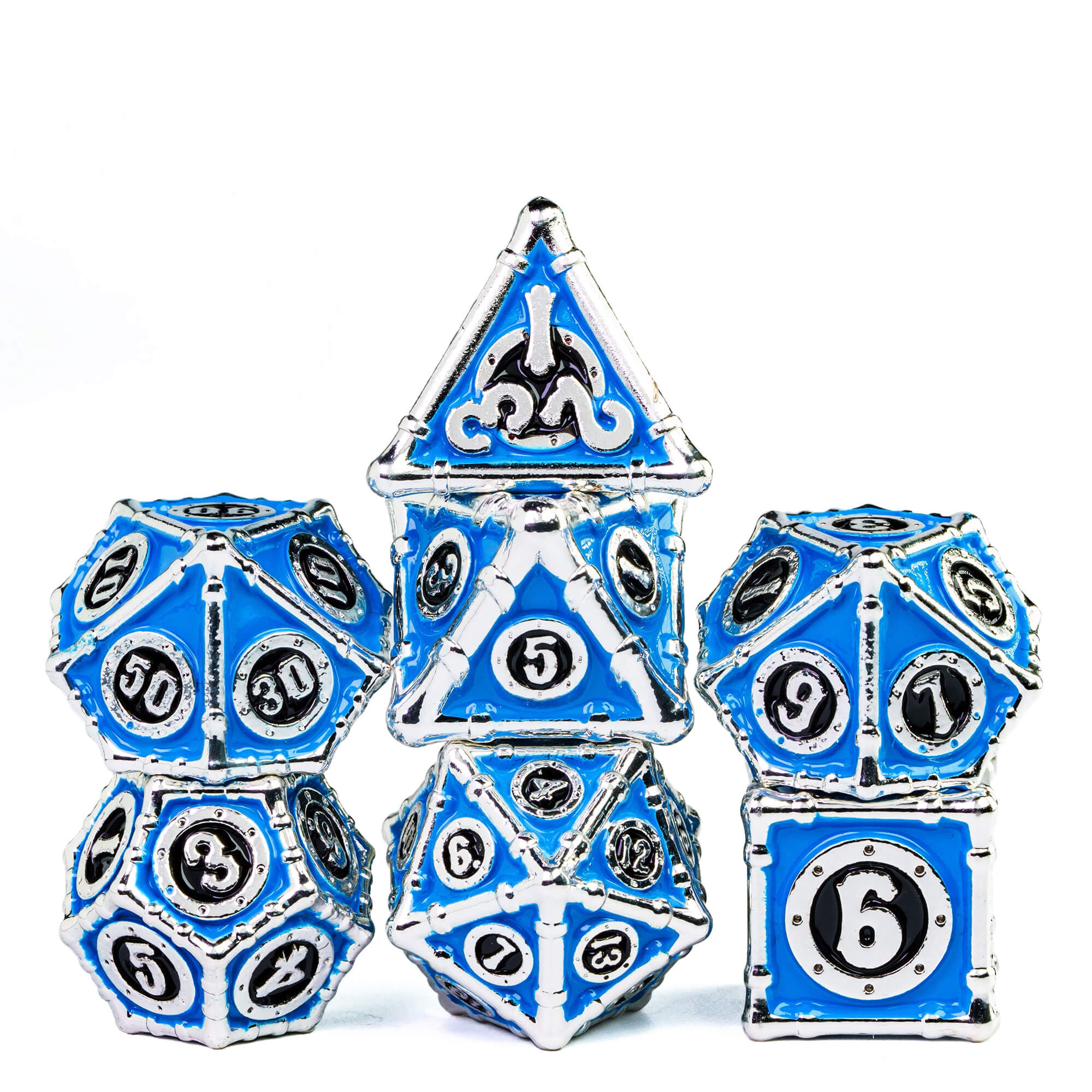 7 Bamboo Tube Polyhedral Metal D And D Dice Set Black Blue - Dice of Dragons