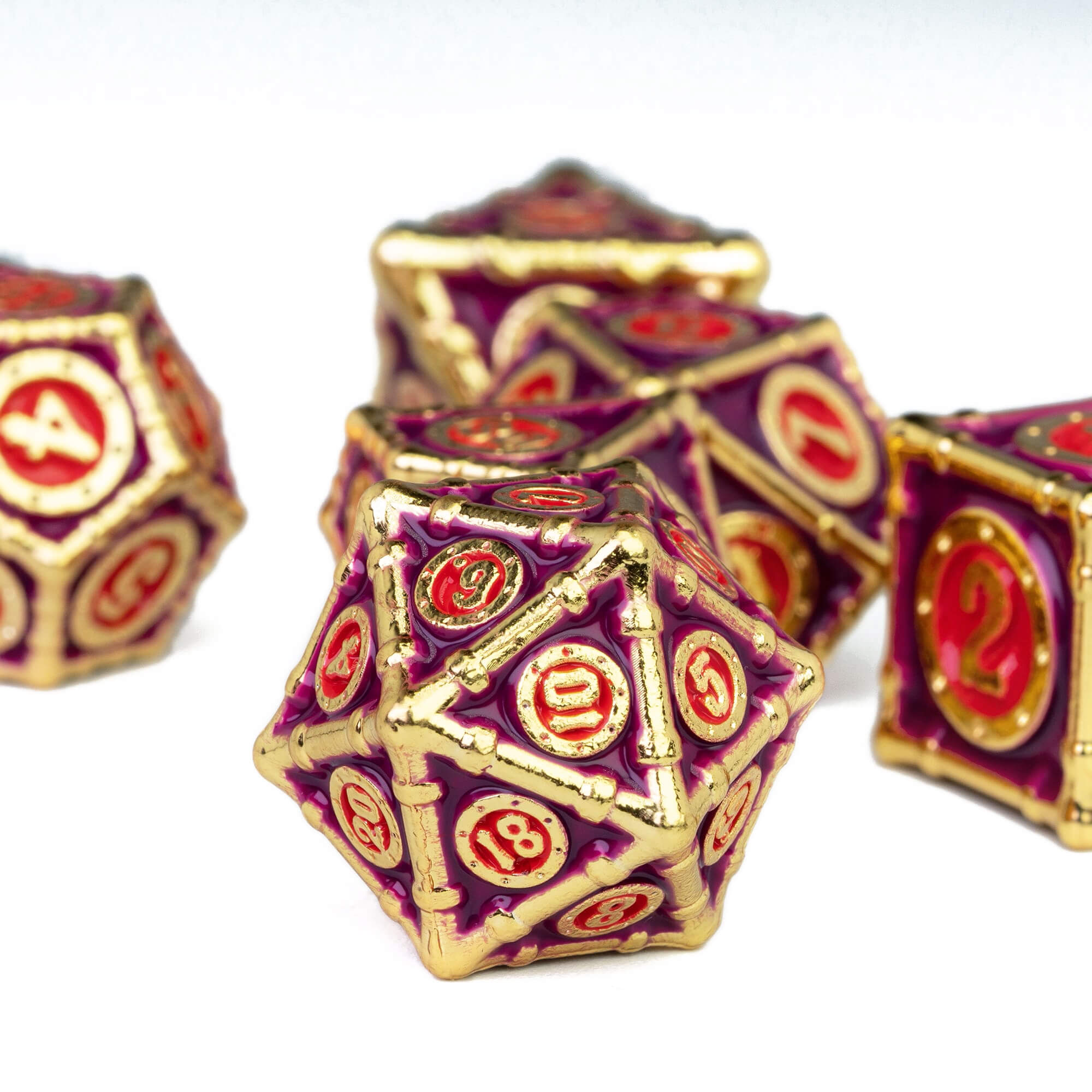 7 Bamboo Tube Polyhedral Metal Dice Sets DD Purple Red - Dice of Dragons