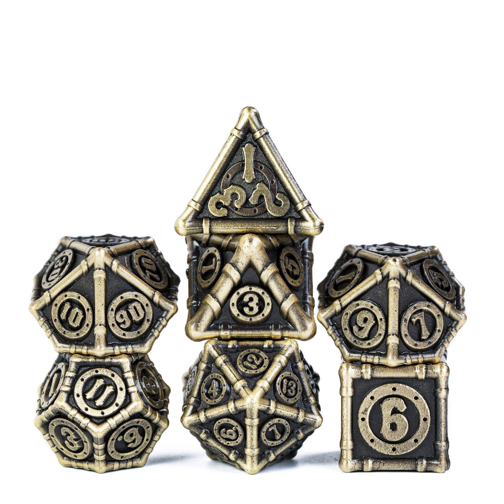 7 Bamboo Tube Polyhedral Metal Dice Set D&D Bronze - Dice of Dragons