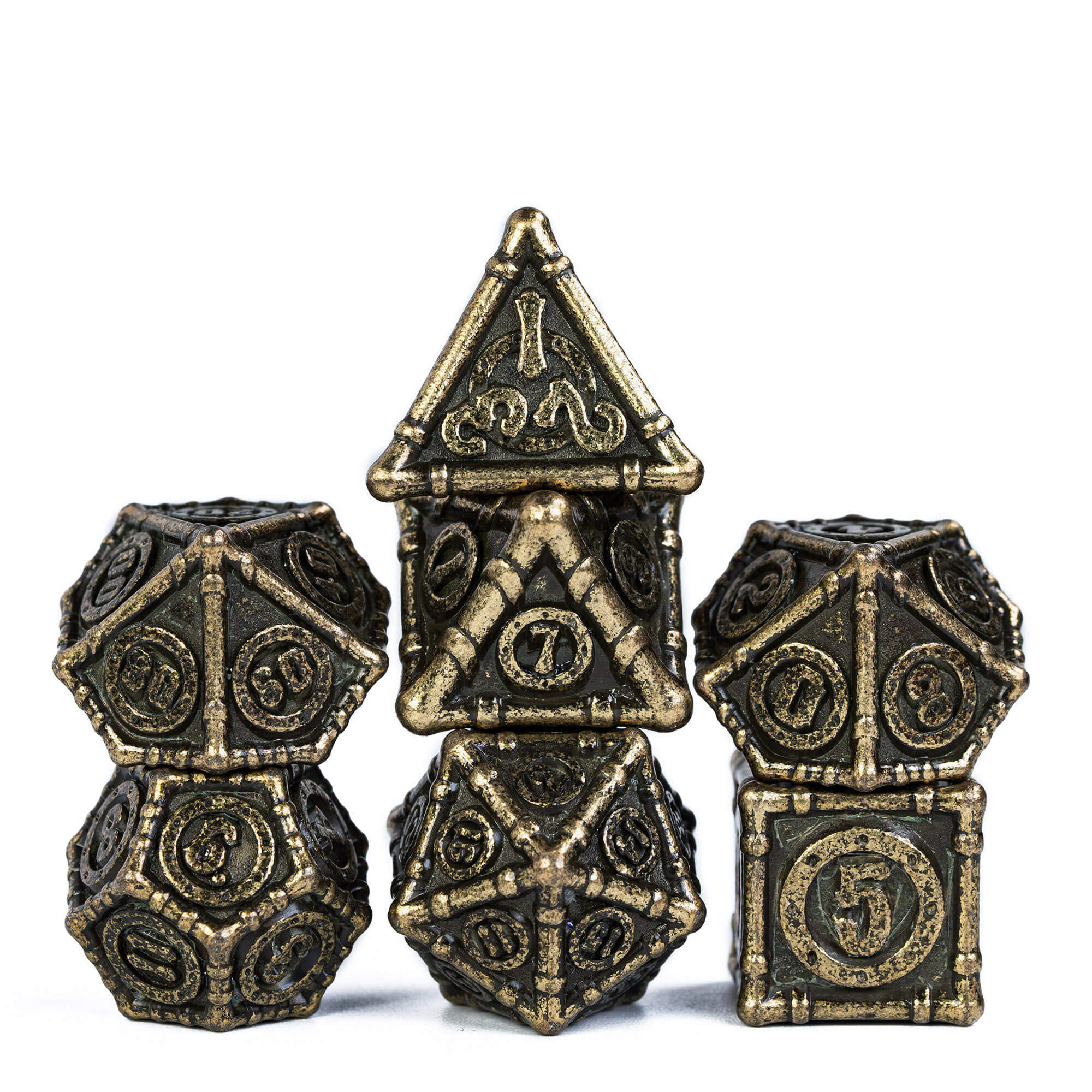 7 Bamboo Tube Polyhedral Metal DnD Dice Set Bronze - Dice of Dragons