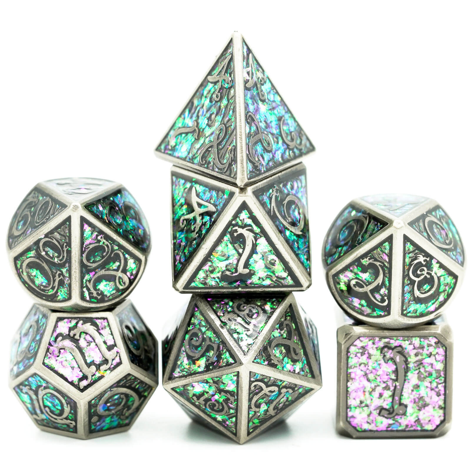 7 Clouds Dragon Polyhedral Metal D&D Dice Sets Nickel - Dice of Dragons