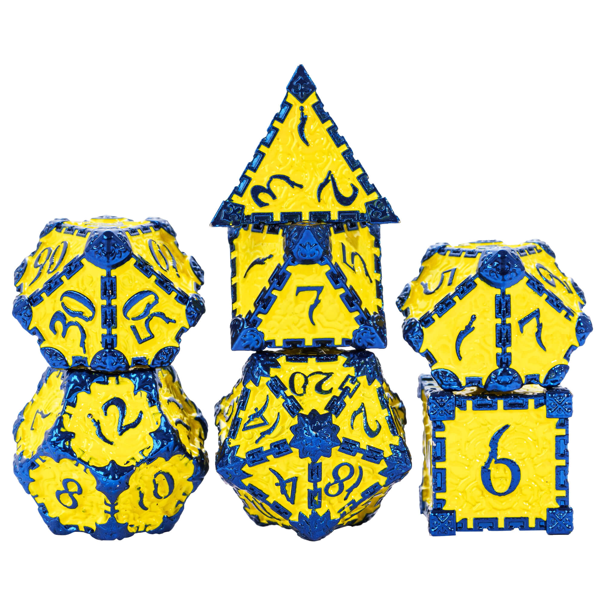 7 Dagger Polyhedral Metal D And D Dice Set Yellow Blue - Dice of Dragons