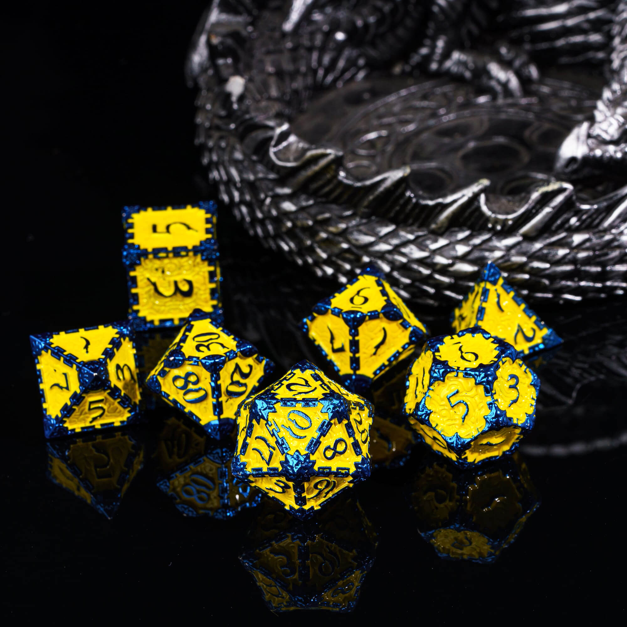 7 Dagger Polyhedral Metal D And D Dice Set Yellow Blue - Dice of Dragons