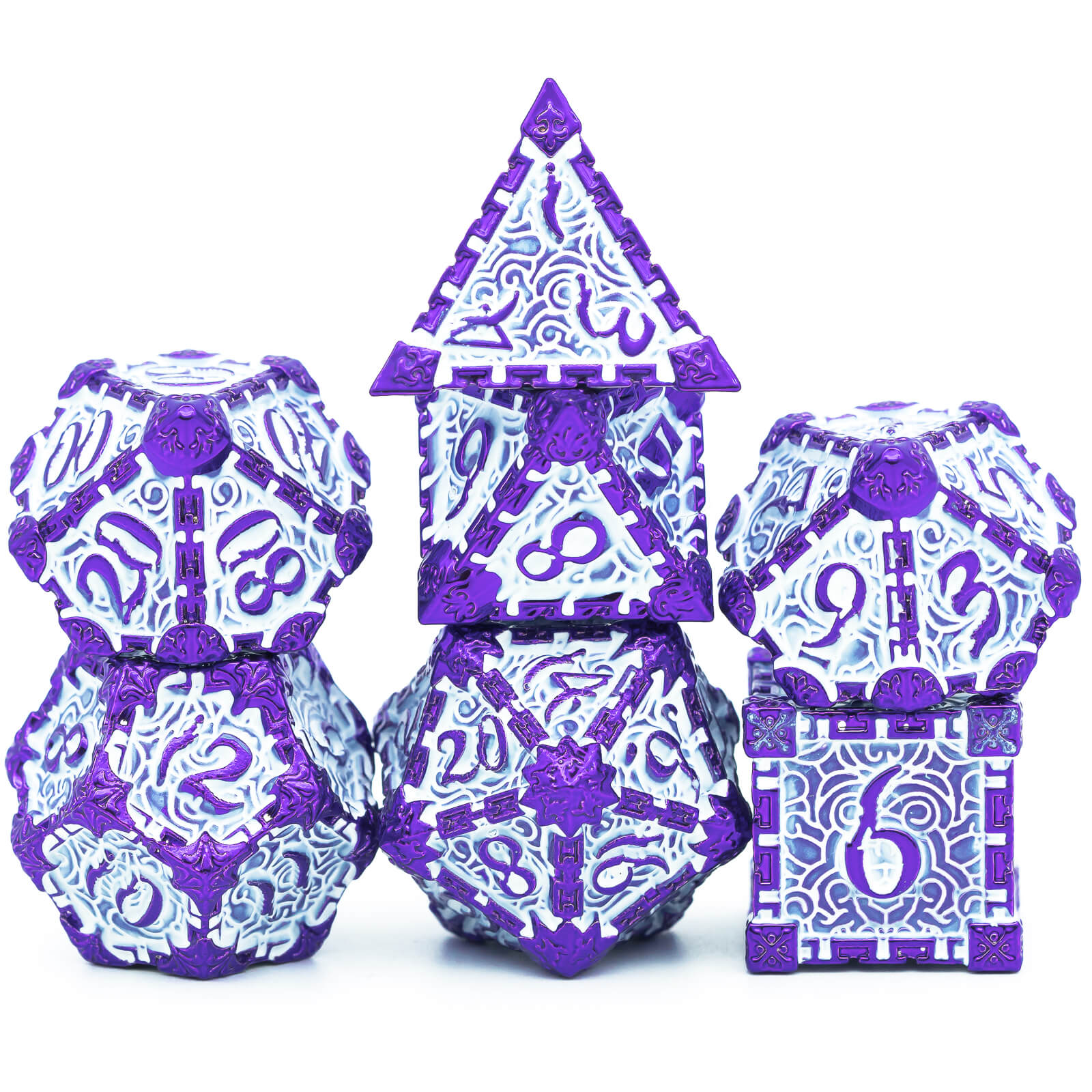 7 Dagger Polyhedral Metal Dice Sets DD Purple White - Dice of Dragons